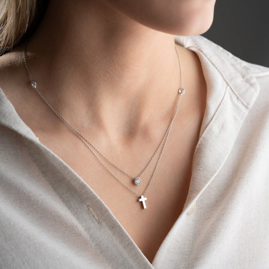 Double Layer Cross Necklace • 925 Sterling Silver & Gold Plated • Zirconia Christian Jewelry • Minimalist Faith Pendant • Gift for Women