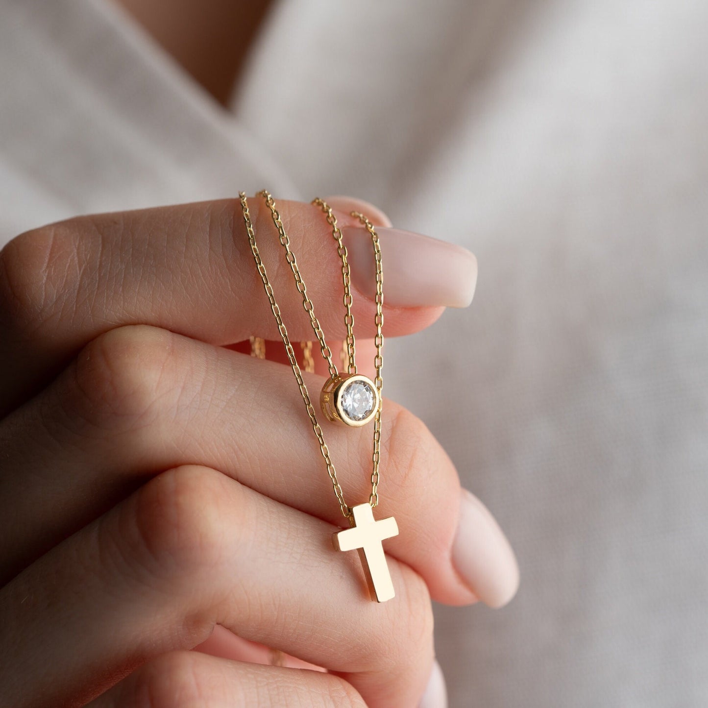 Double Layer Cross Necklace • 925 Sterling Silver & Gold Plated • Zirconia Christian Jewelry • Minimalist Faith Pendant • Gift for Women