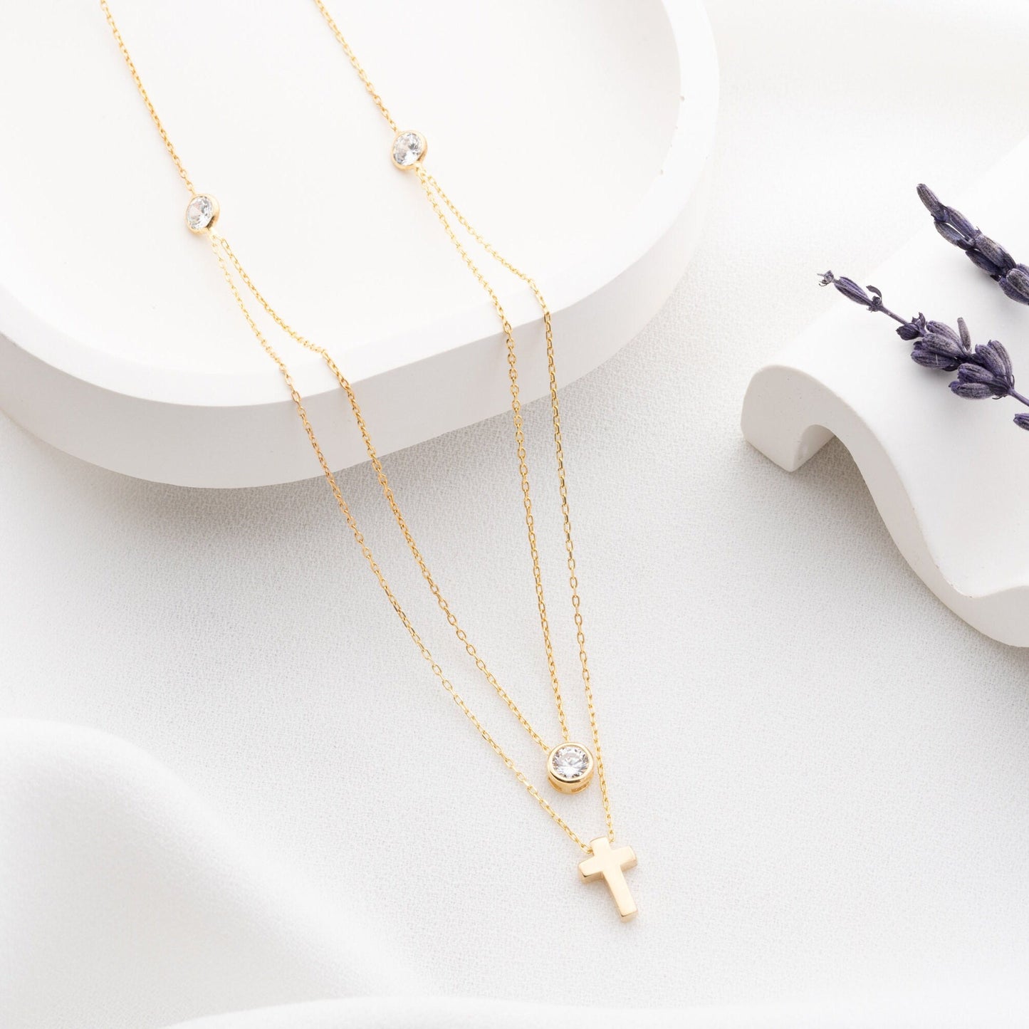 Double Layer Cross Necklace • 925 Sterling Silver & Gold Plated • Zirconia Christian Jewelry • Minimalist Faith Pendant • Gift for Women
