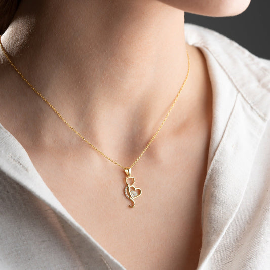 Cat Heart Necklace - 925 Sterling Silver Gold Plated - Dainty CZ Cat Pendant - Minimalist Jewelry Gift for Cat Lovers