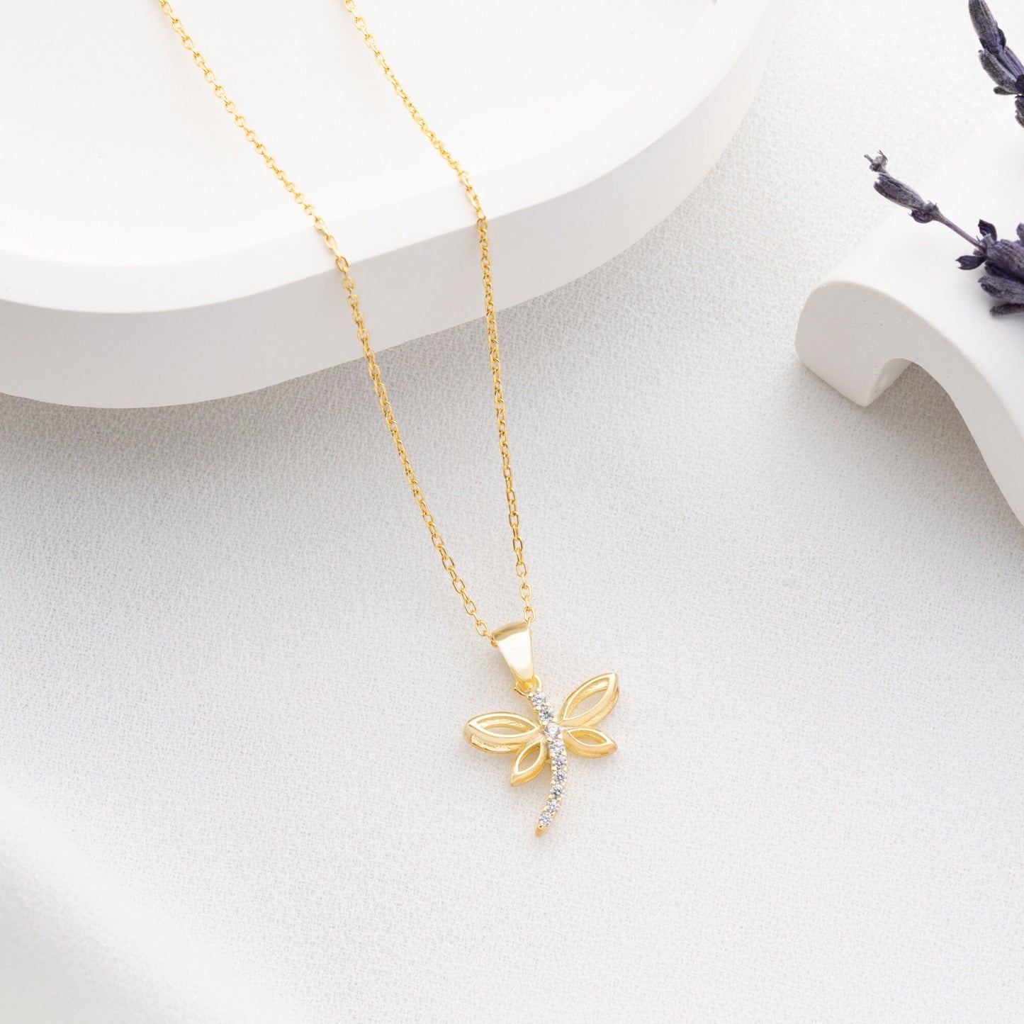 Dragonfly Necklace • 925 Sterling Silver • Gold Plated • Zirconia Insect Pendant • Nature Inspired Jewelry • Gift for Women & Girls