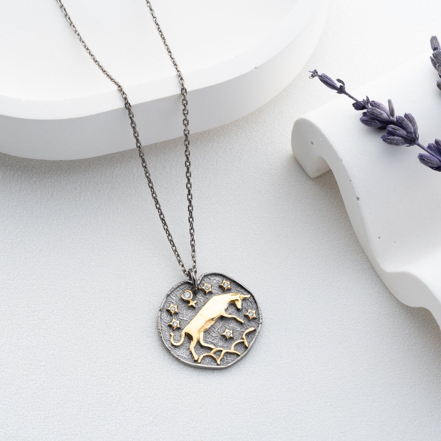 Taurus Zodiac Sign Necklace • 925 Sterling Silver • 12 Horoscope Designs • 14K Gold & Oxidized Finish • Unique Valentine's Gift for Her