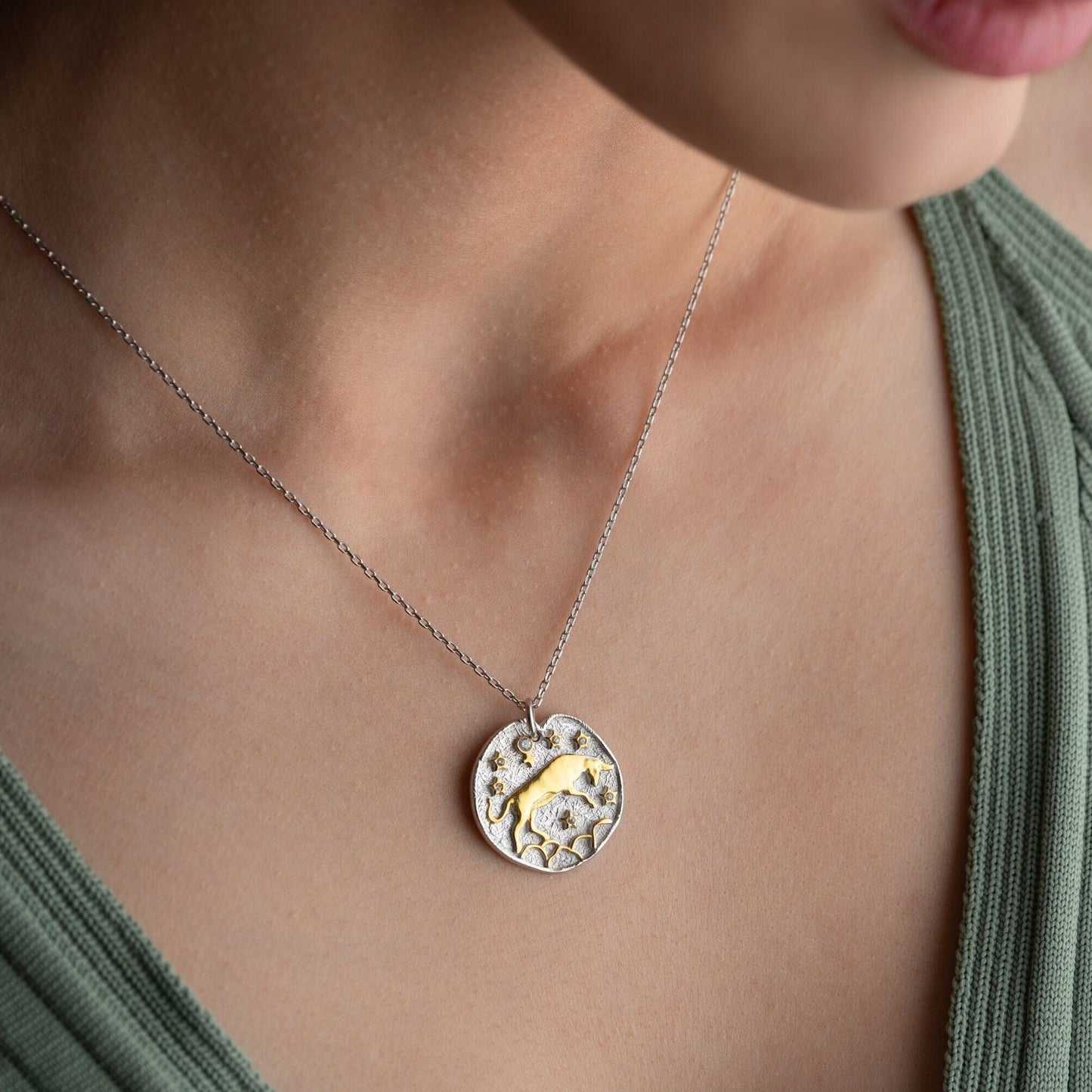 Taurus Zodiac Sign Necklace • 925 Sterling Silver • 12 Horoscope Designs • 14K Gold & Oxidized Finish • Unique Valentine's Gift for Her