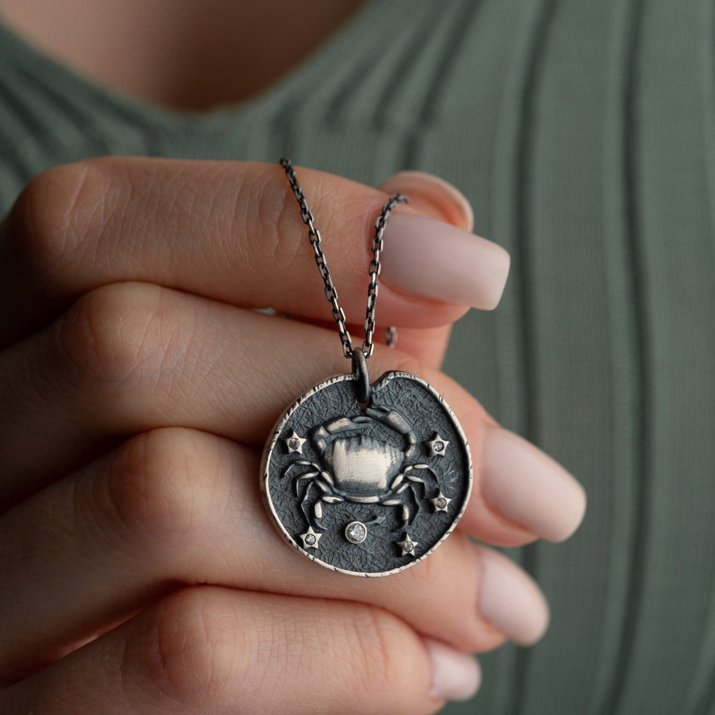 Cancer Zodiac Necklace • 925 Sterling Silver & Gold Plated • Coin Medallion Pendant • Celestial Astrology Jewelry • Gift for Her