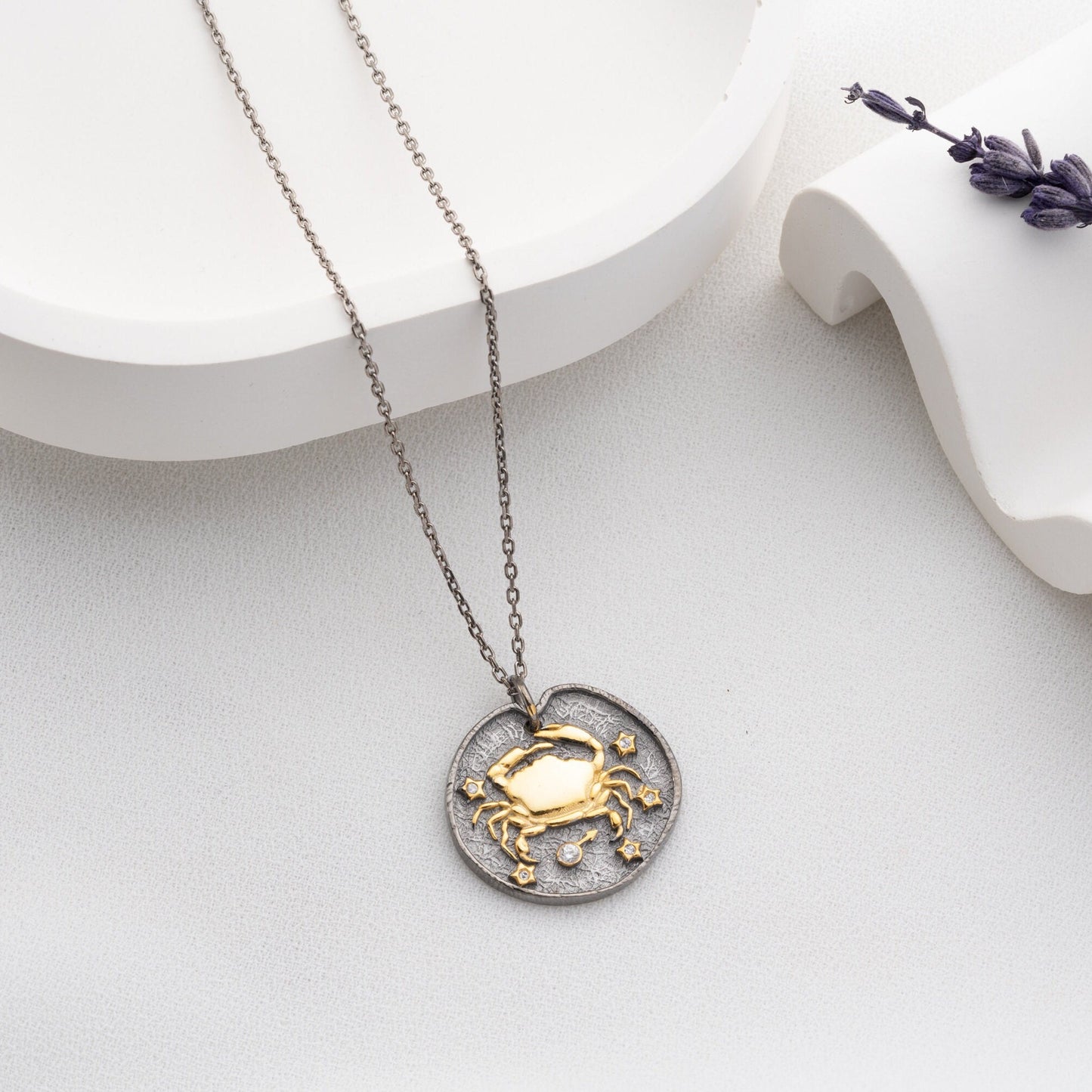 Cancer Zodiac Necklace • 925 Sterling Silver & Gold Plated • Coin Medallion Pendant • Celestial Astrology Jewelry • Gift for Her