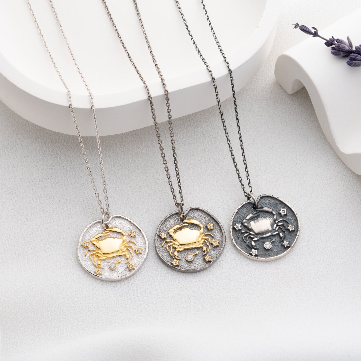 Cancer Zodiac Necklace • 925 Sterling Silver & Gold Plated • Coin Medallion Pendant • Celestial Astrology Jewelry • Gift for Her