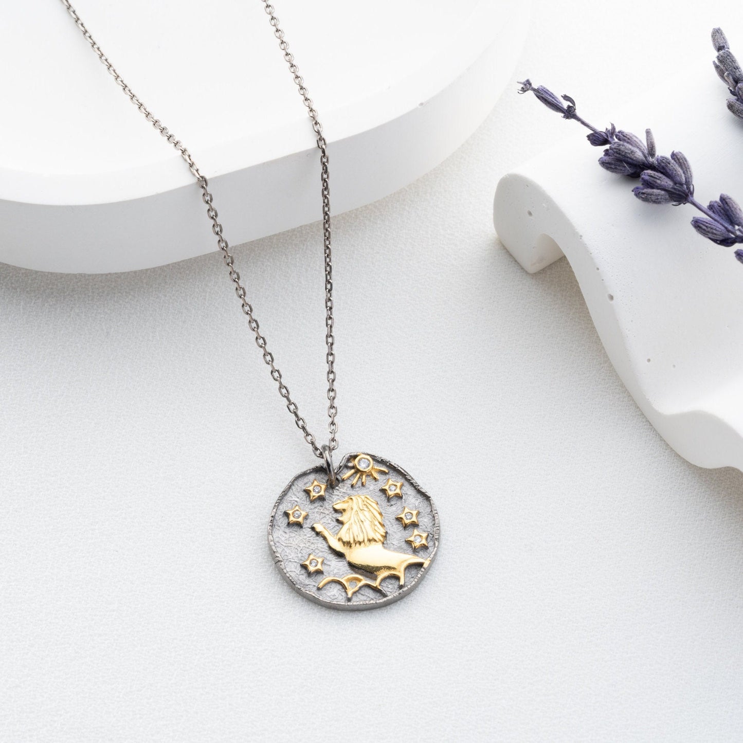 Leo Zodiac Sign Necklace • 925 Sterling Silver • 12 Horoscope Designs • 14K Gold & Oxidized Finish • Unique Thoughtful Gift for Her