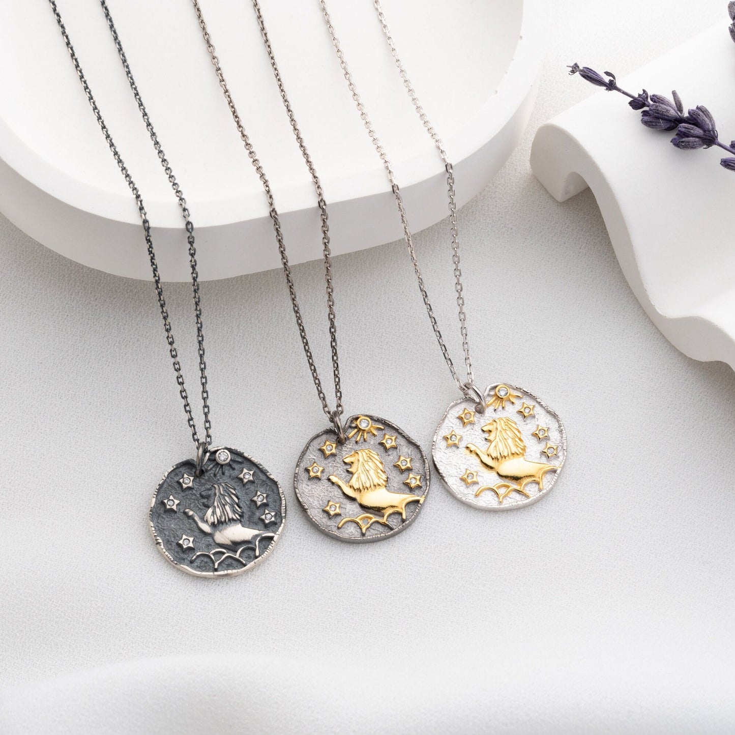 Leo Zodiac Sign Necklace • 925 Sterling Silver • 12 Horoscope Designs • 14K Gold & Oxidized Finish • Unique Thoughtful Gift for Her