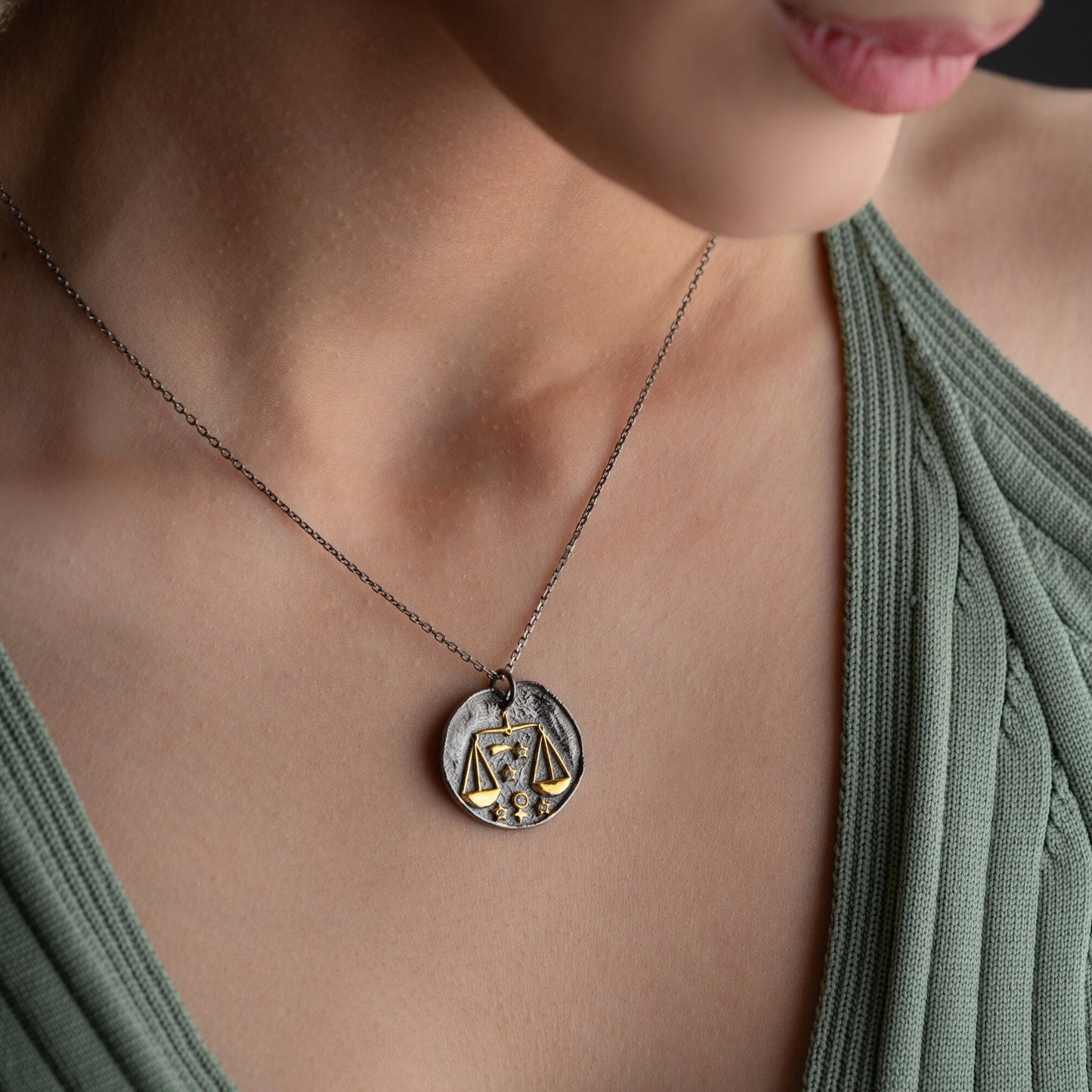 Libra Zodiac Sign Necklace - Handmade 925 Sterling Silver - 14K Gold or Oxidized Finish - 12 Horoscope Designs - Gift for Astrology Lovers