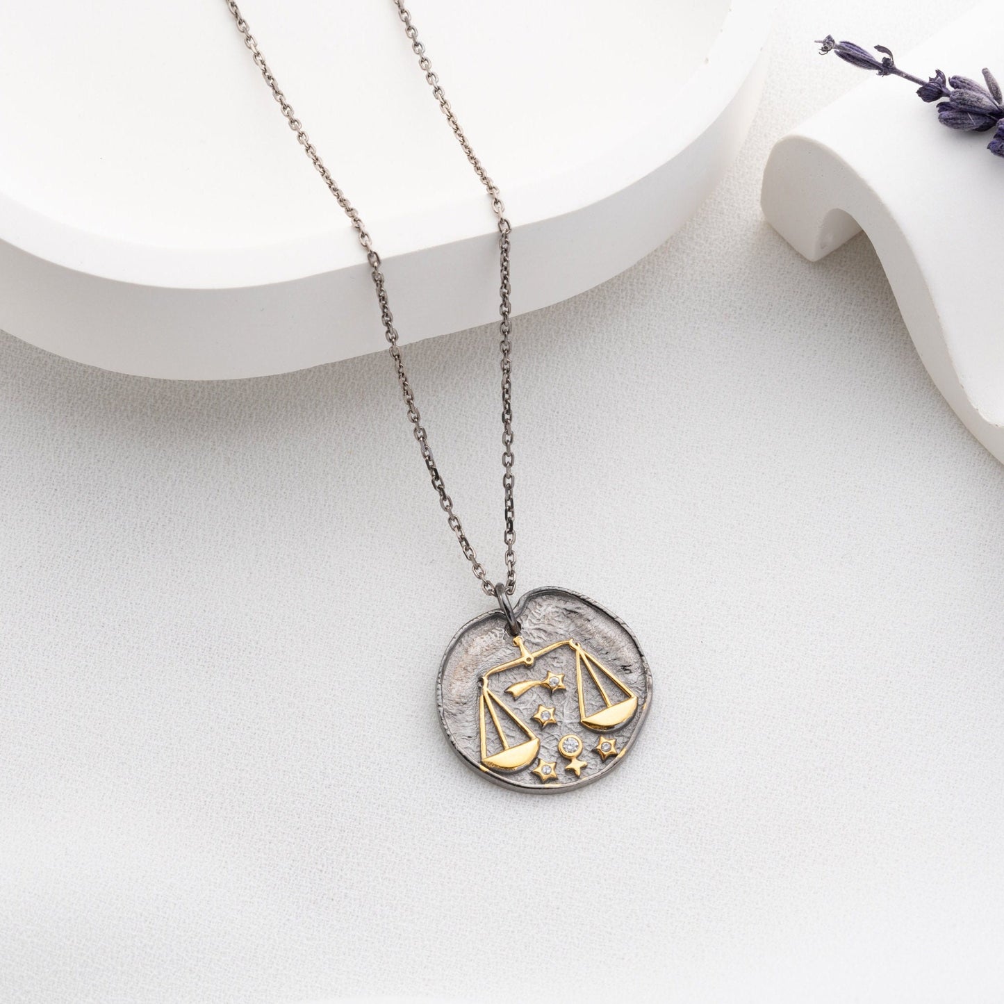 Libra Zodiac Sign Necklace - Handmade 925 Sterling Silver - 14K Gold or Oxidized Finish - 12 Horoscope Designs - Gift for Astrology Lovers