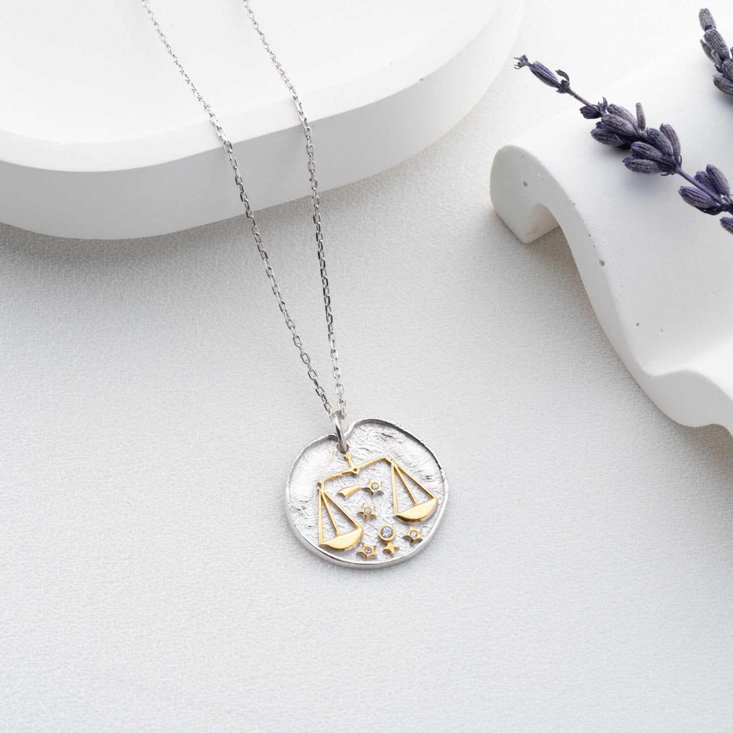 Libra Zodiac Sign Necklace - Handmade 925 Sterling Silver - 14K Gold or Oxidized Finish - 12 Horoscope Designs - Gift for Astrology Lovers