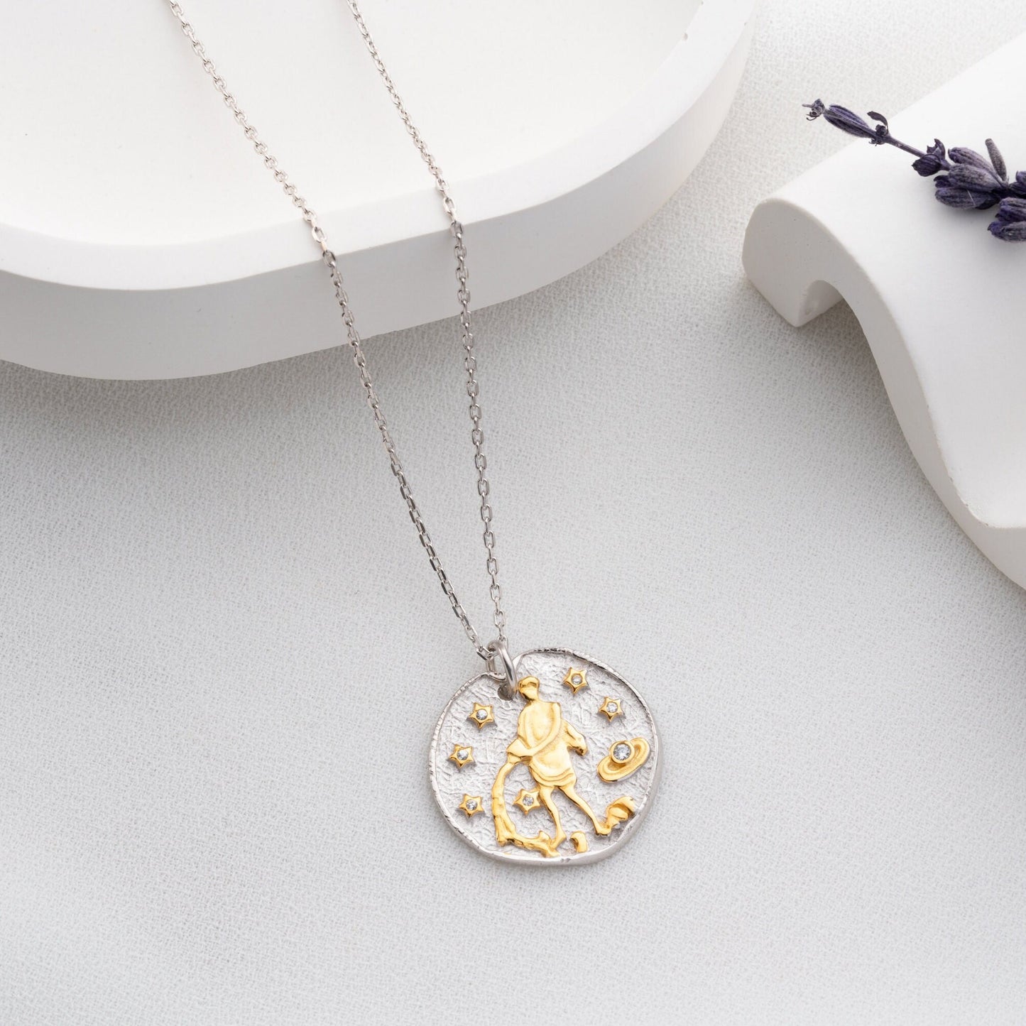 Aquarius Zodiac Necklace • 925 Sterling Silver & Gold Plated • Vintage Coin Pendant • Celestial Astrology Jewelry • Horoscope Gift for Her