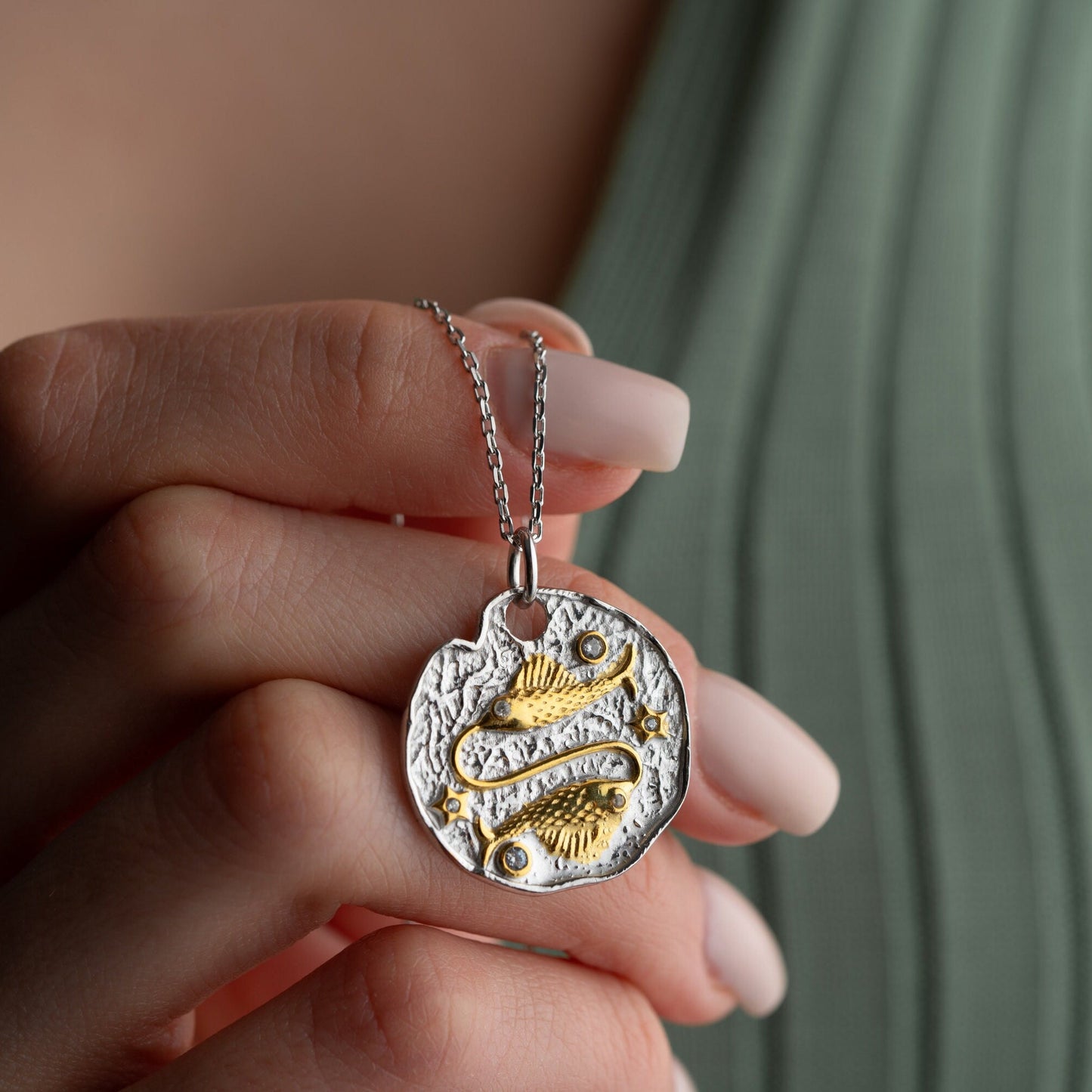 Pisces Zodiac Necklace • 925 Sterling Silver & Gold Plated • Vintage Coin Pendant • Celestial Astrology Jewelry • Horoscope Gift for Her