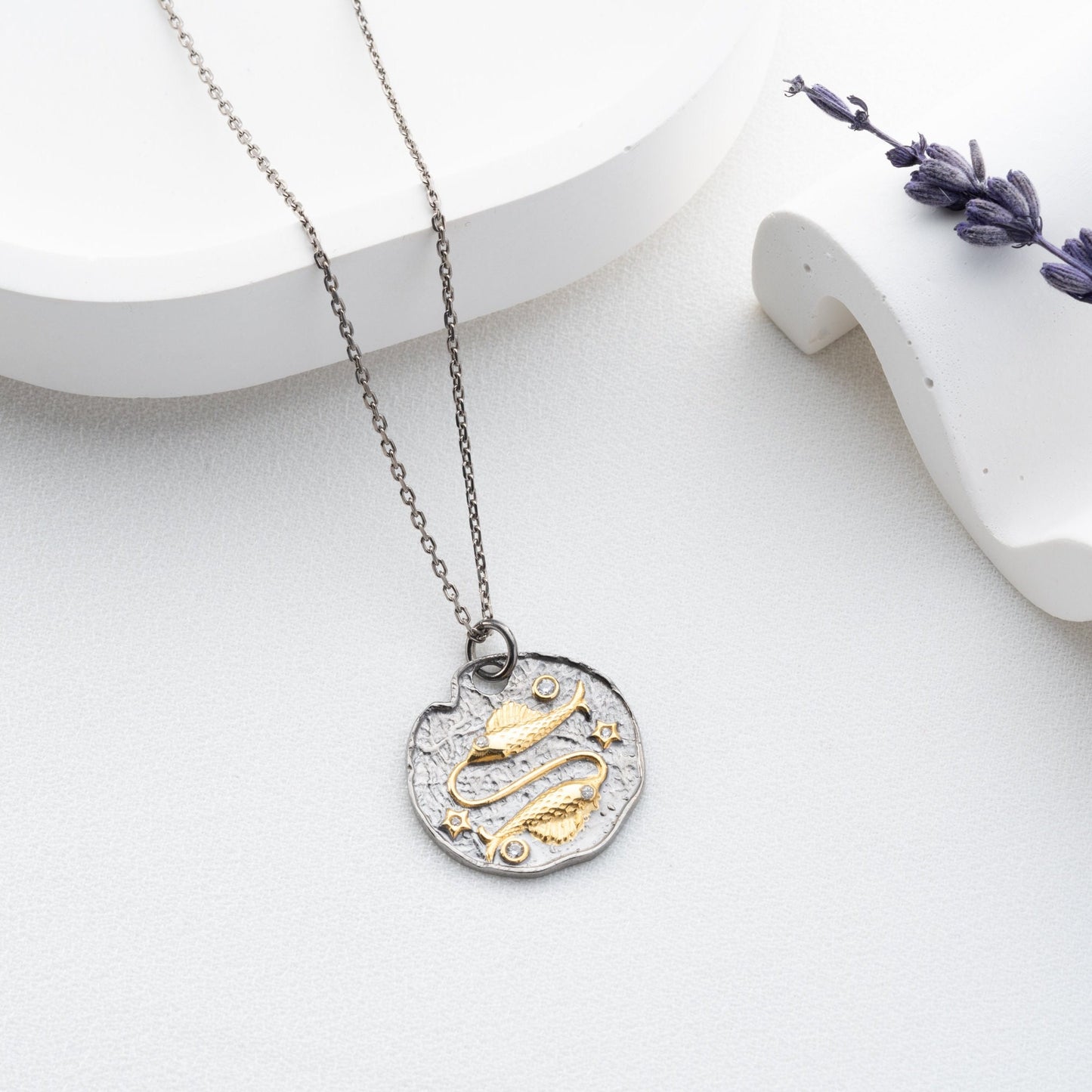 Pisces Zodiac Necklace • 925 Sterling Silver & Gold Plated • Vintage Coin Pendant • Celestial Astrology Jewelry • Horoscope Gift for Her