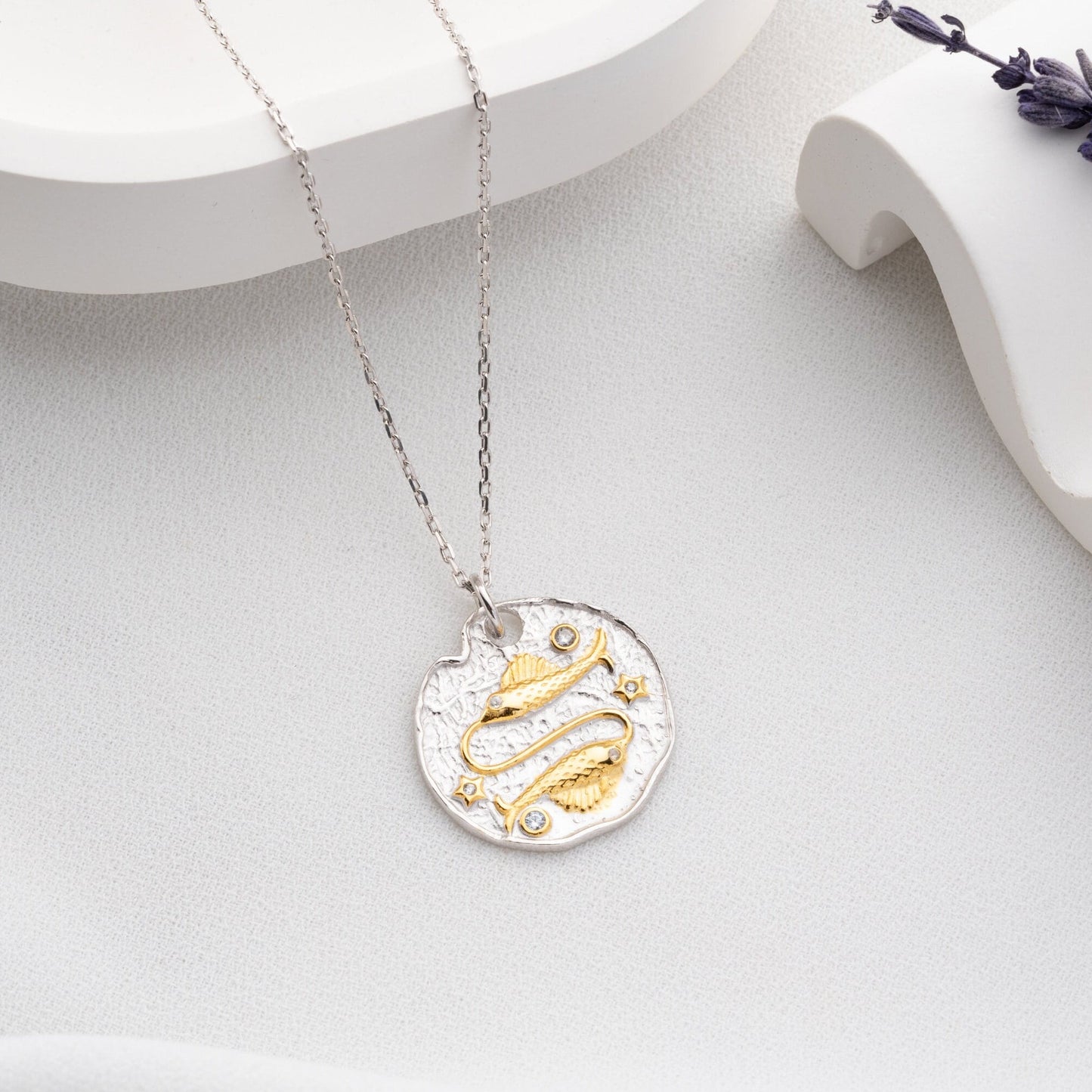 Pisces Zodiac Necklace • 925 Sterling Silver & Gold Plated • Vintage Coin Pendant • Celestial Astrology Jewelry • Horoscope Gift for Her