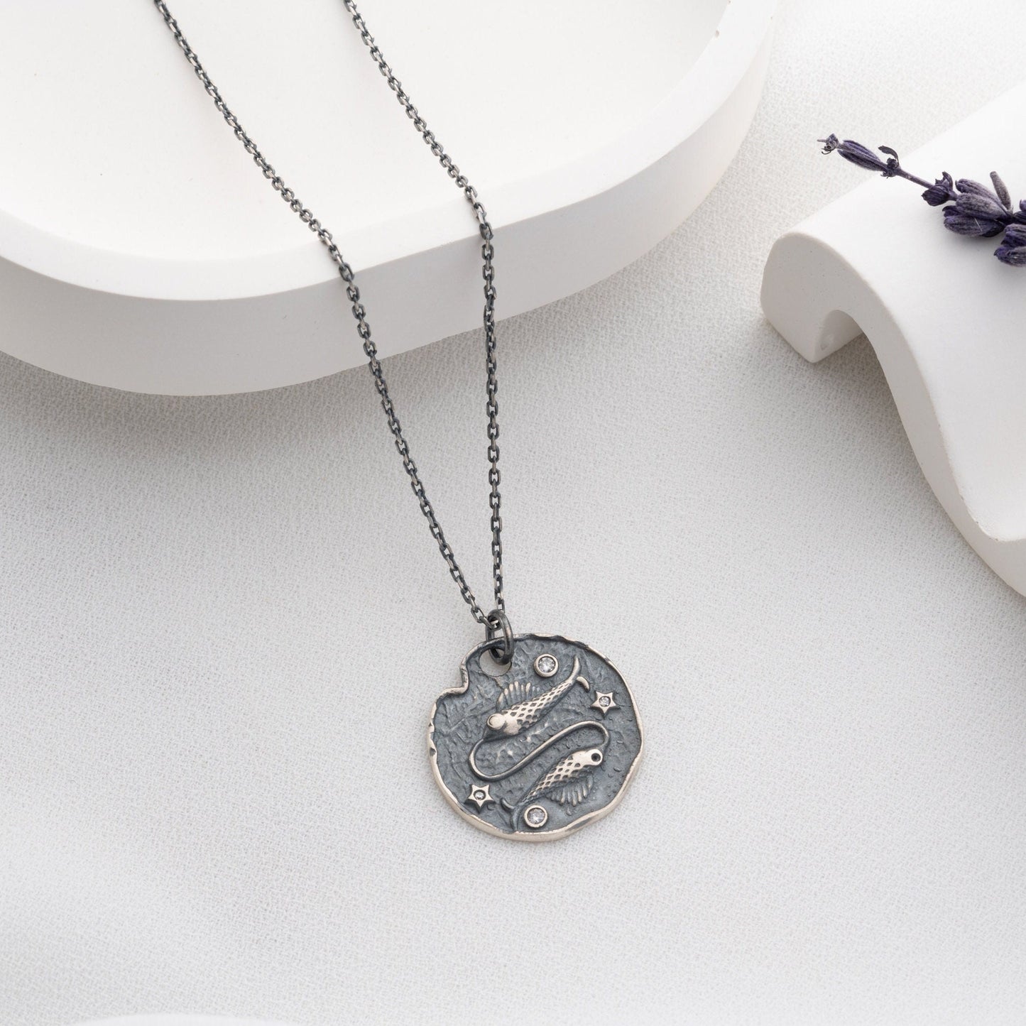 Pisces Zodiac Necklace • 925 Sterling Silver & Gold Plated • Vintage Coin Pendant • Celestial Astrology Jewelry • Horoscope Gift for Her
