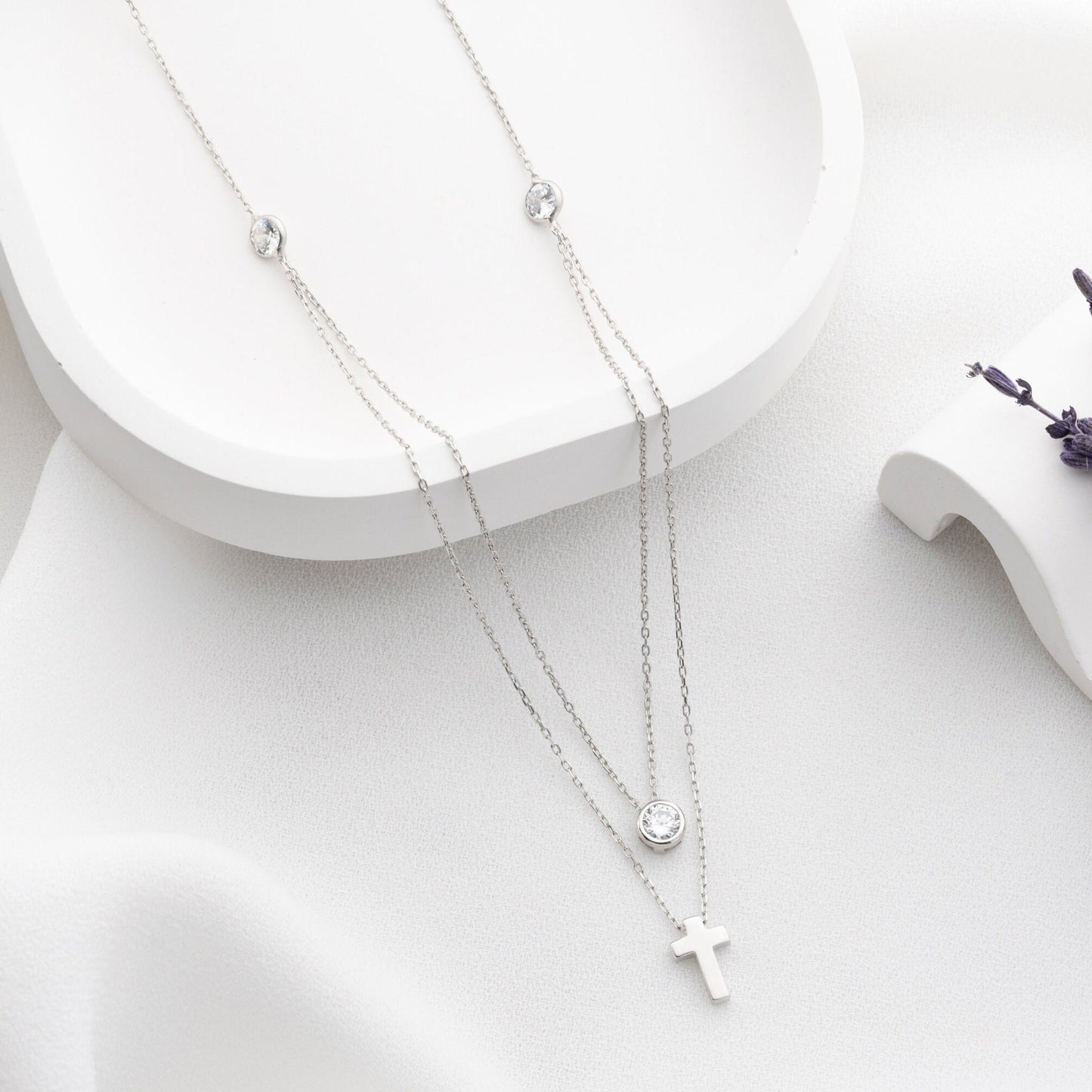 Double Layer Cross Necklace • 925 Sterling Silver & Gold Plated • Zirconia Christian Jewelry • Minimalist Faith Pendant • Gift for Women