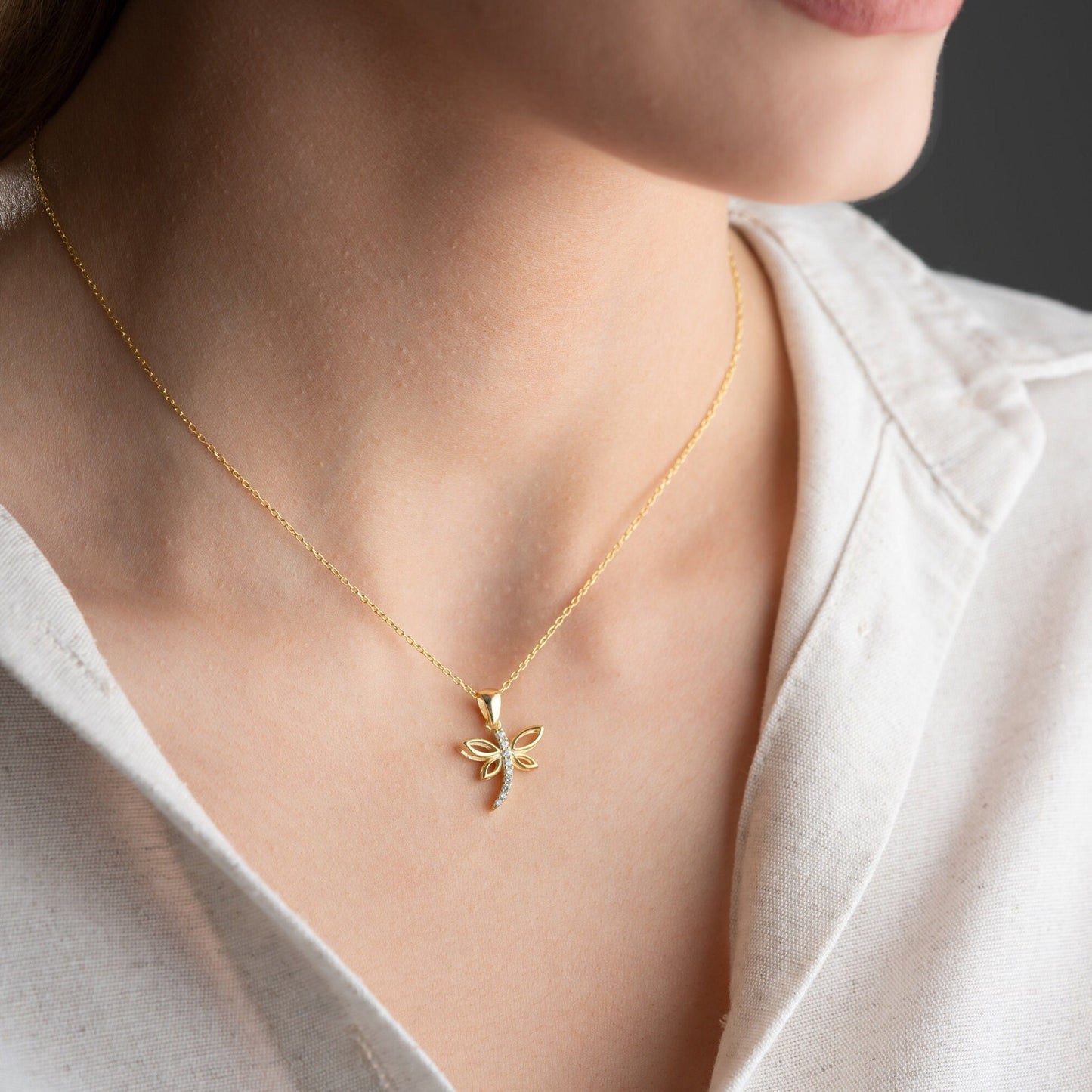 Dragonfly Necklace • 925 Sterling Silver • Gold Plated • Zirconia Insect Pendant • Nature Inspired Jewelry • Gift for Women & Girls