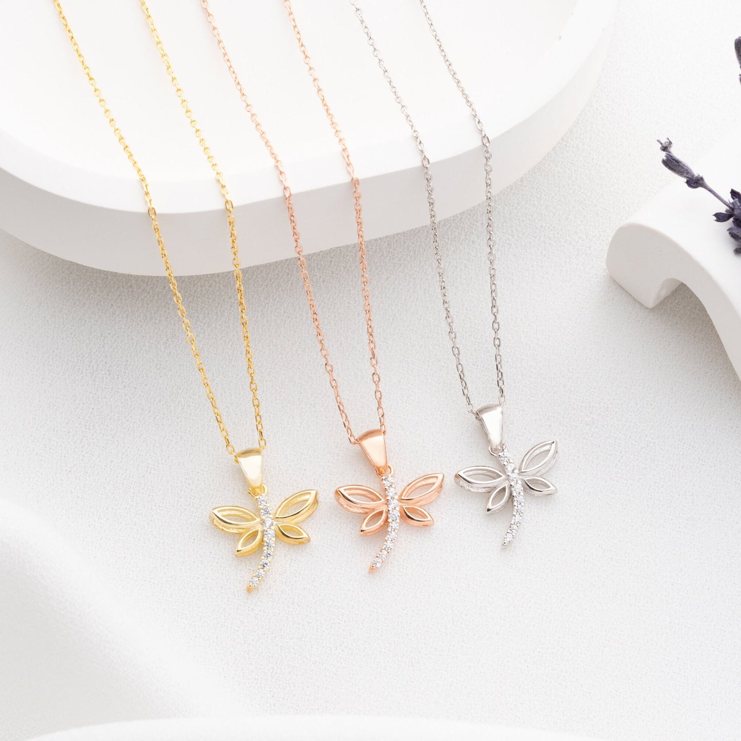 Dragonfly Necklace • 925 Sterling Silver • Gold Plated • Zirconia Insect Pendant • Nature Inspired Jewelry • Gift for Women & Girls