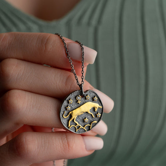 Taurus Zodiac Sign Necklace • 925 Sterling Silver • 12 Horoscope Designs • 14K Gold & Oxidized Finish • Unique Valentine's Gift for Her