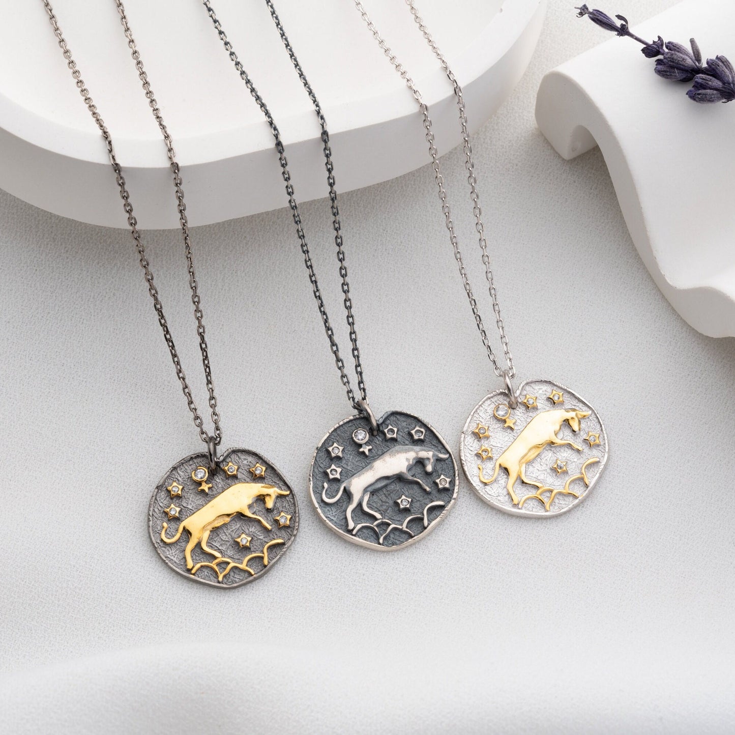 Taurus Zodiac Sign Necklace • 925 Sterling Silver • 12 Horoscope Designs • 14K Gold & Oxidized Finish • Unique Valentine's Gift for Her