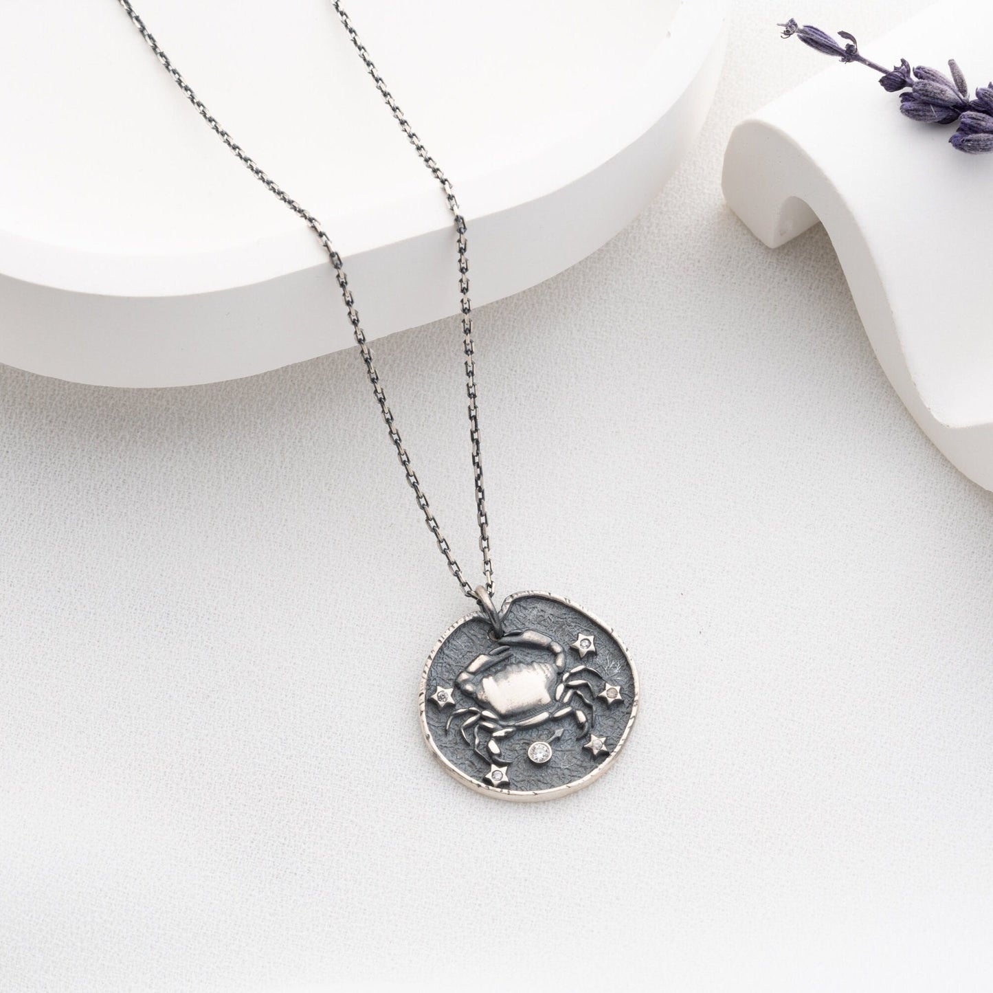 Cancer Zodiac Necklace • 925 Sterling Silver & Gold Plated • Coin Medallion Pendant • Celestial Astrology Jewelry • Gift for Her
