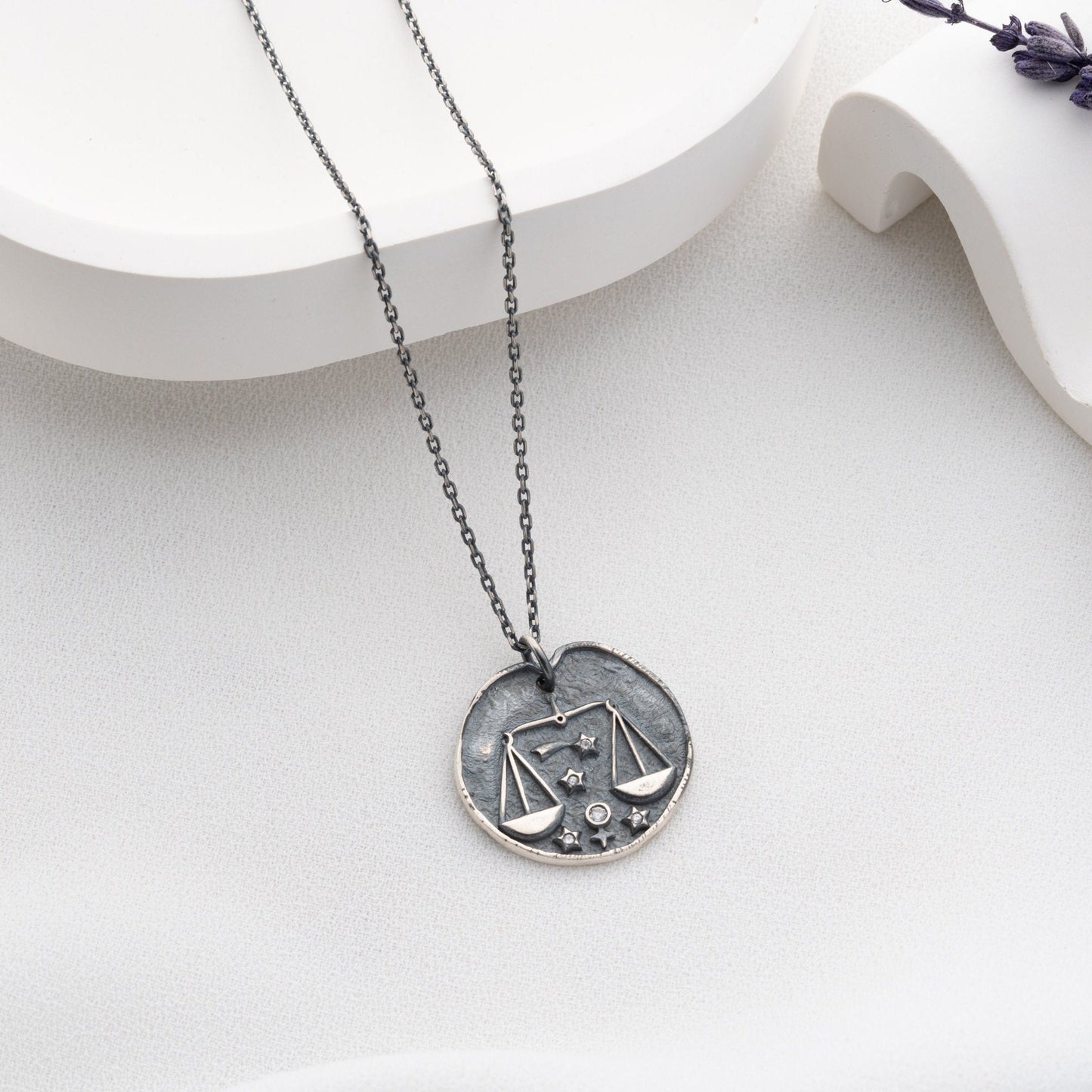 Libra Zodiac Sign Necklace - Handmade 925 Sterling Silver - 14K Gold or Oxidized Finish - 12 Horoscope Designs - Gift for Astrology Lovers