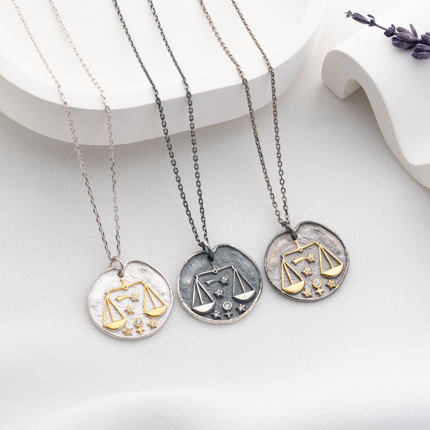 Libra Zodiac Sign Necklace - Handmade 925 Sterling Silver - 14K Gold or Oxidized Finish - 12 Horoscope Designs - Gift for Astrology Lovers