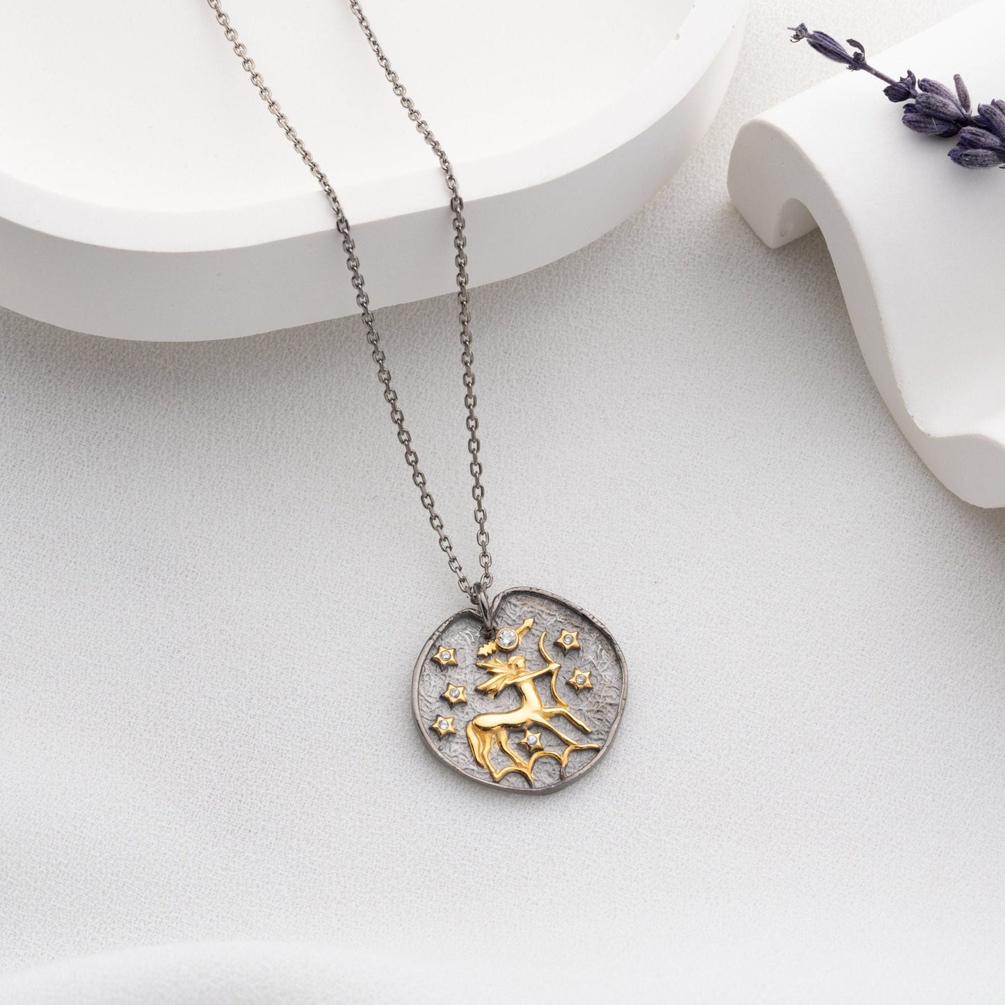 Sagittarius Zodiac Sign Necklace - Handmade 925 Sterling Silver - 14K Gold or Oxidized Finish - 12 Horoscope Designs - Astrology Gift