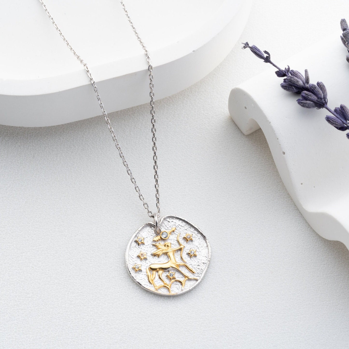 Sagittarius Zodiac Sign Necklace - Handmade 925 Sterling Silver - 14K Gold or Oxidized Finish - 12 Horoscope Designs - Astrology Gift
