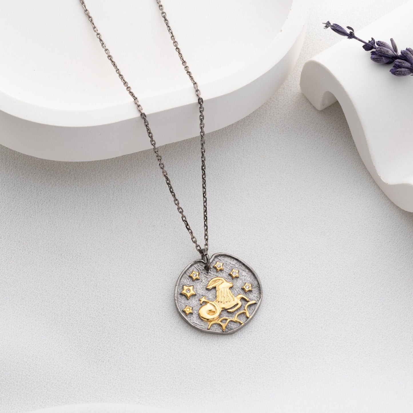 Capricorn Zodiac Necklace • 925 Sterling Silver & Gold Plated • Coin Medallion Pendant • Astrology Celestial Jewelry • Gift for Her