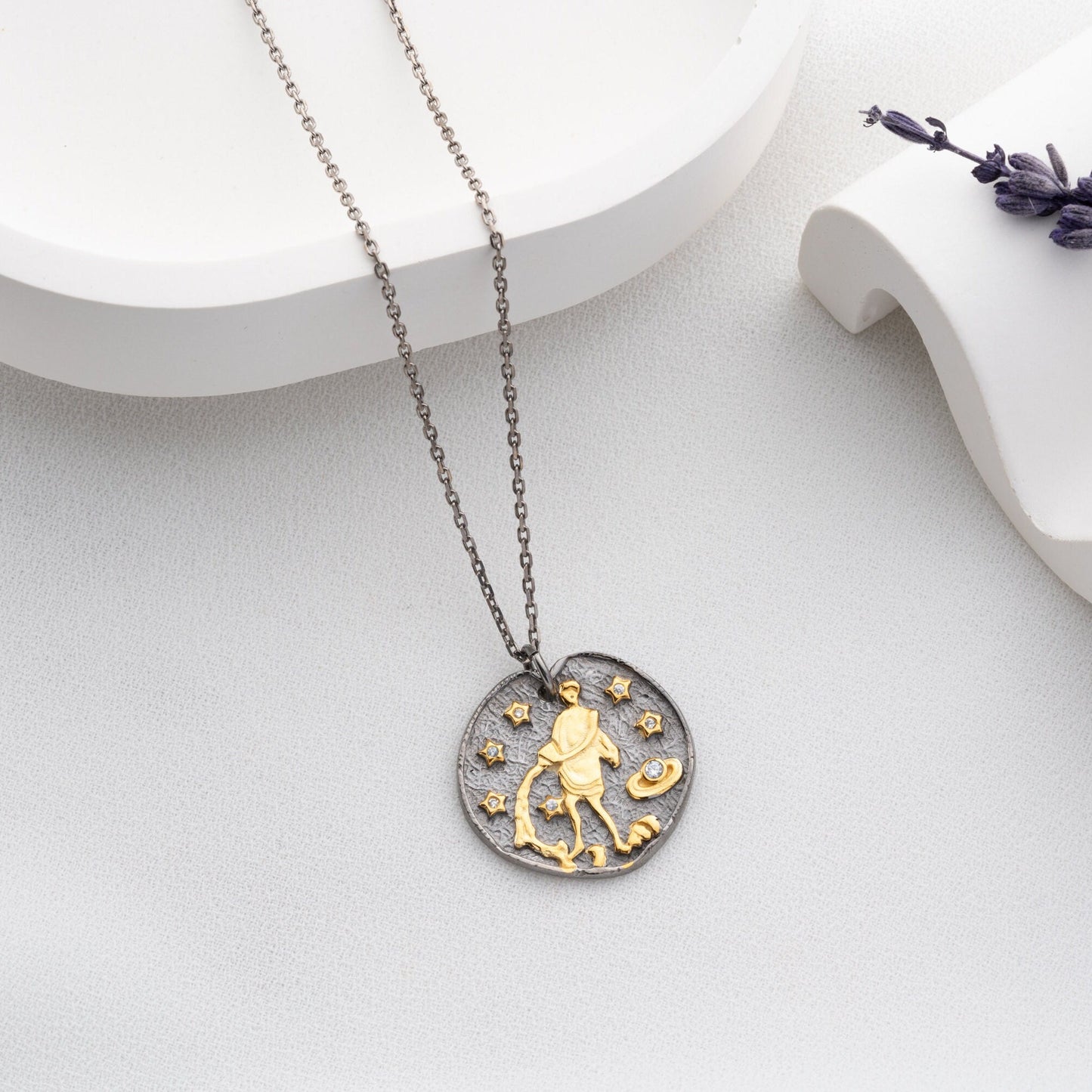 Aquarius Zodiac Necklace • 925 Sterling Silver & Gold Plated • Vintage Coin Pendant • Celestial Astrology Jewelry • Horoscope Gift for Her