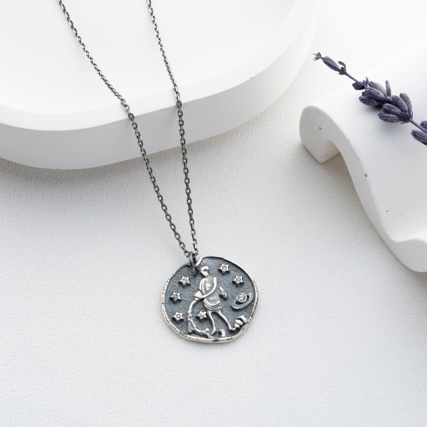 Aquarius Zodiac Necklace • 925 Sterling Silver & Gold Plated • Vintage Coin Pendant • Celestial Astrology Jewelry • Horoscope Gift for Her