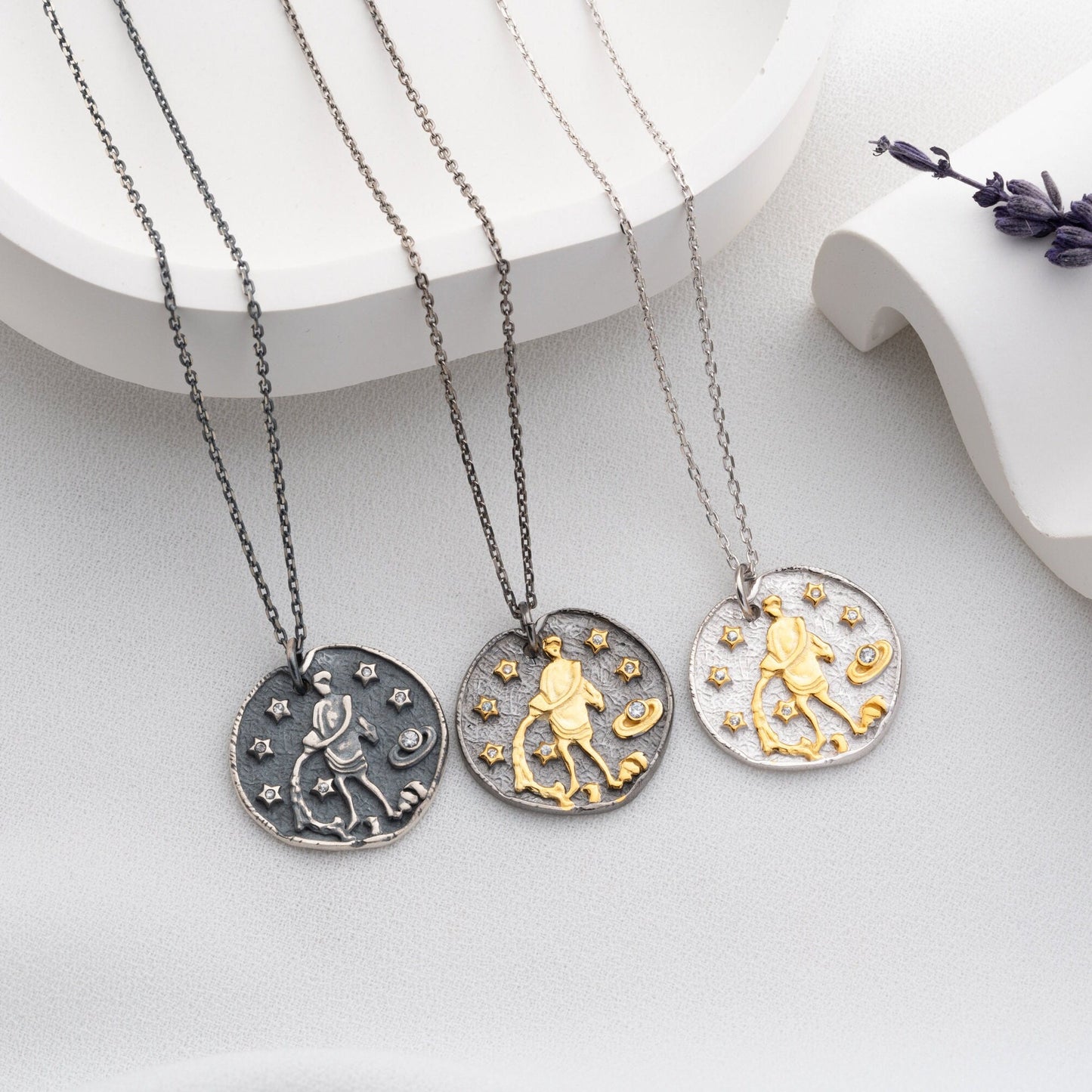 Aquarius Zodiac Necklace • 925 Sterling Silver & Gold Plated • Vintage Coin Pendant • Celestial Astrology Jewelry • Horoscope Gift for Her