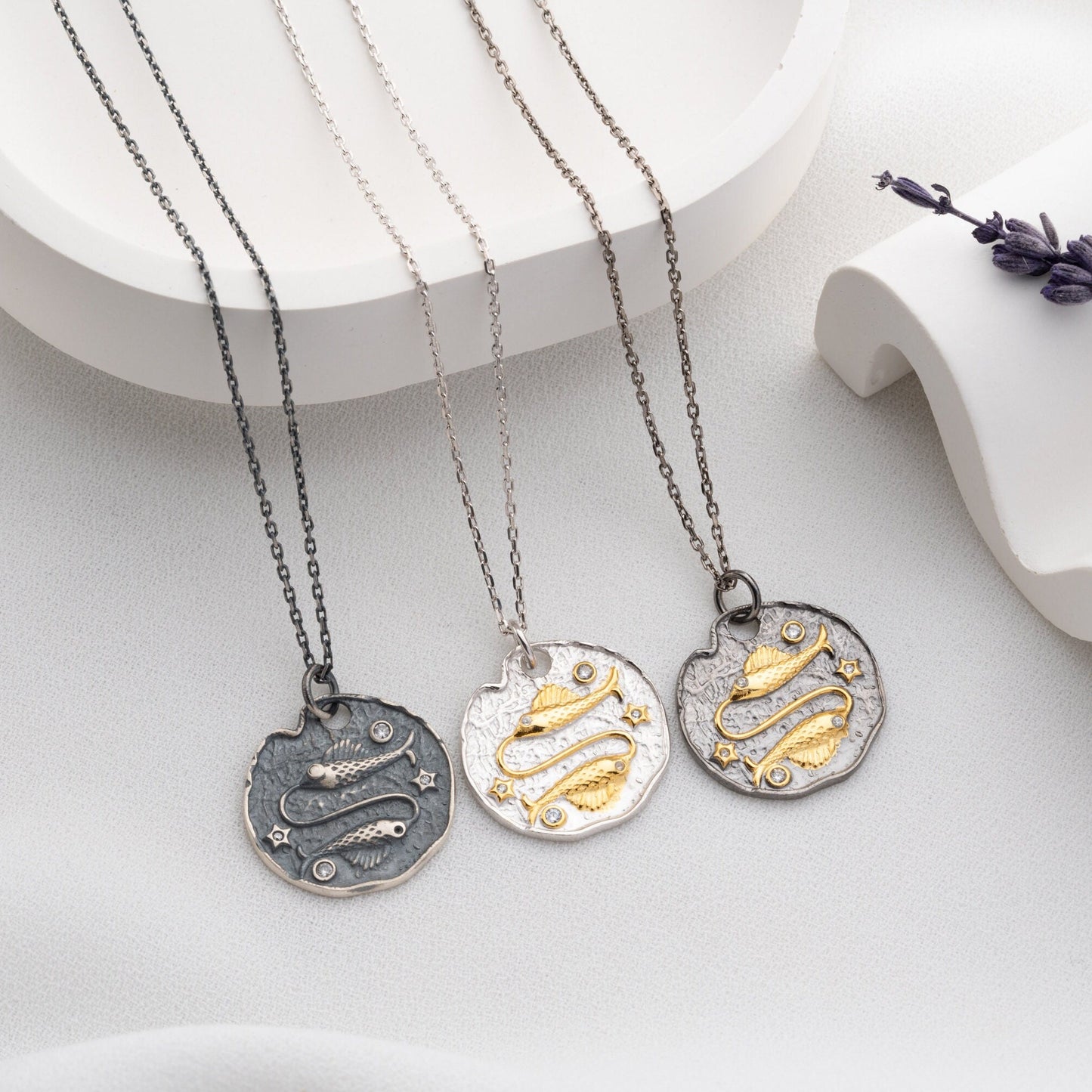 Pisces Zodiac Necklace • 925 Sterling Silver & Gold Plated • Vintage Coin Pendant • Celestial Astrology Jewelry • Horoscope Gift for Her