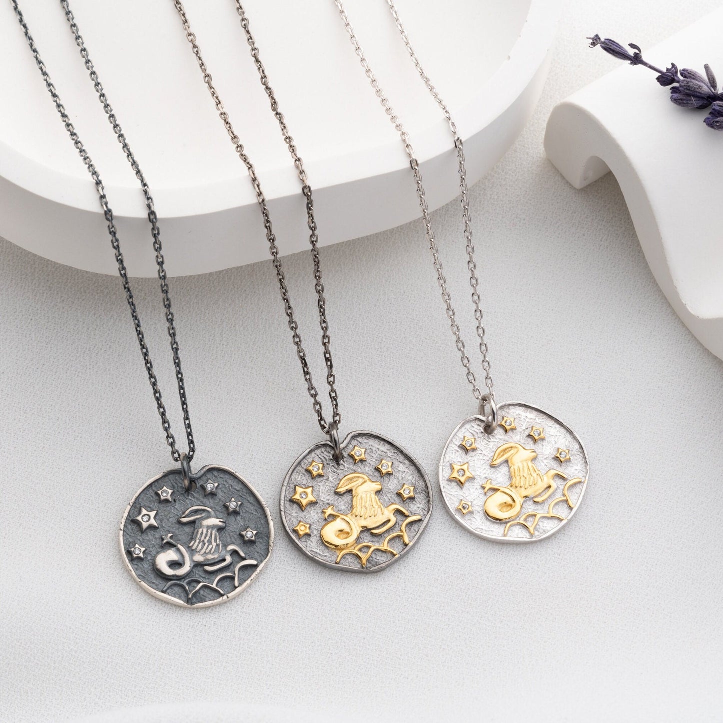 Capricorn Zodiac Necklace • 925 Sterling Silver & Gold Plated • Coin Medallion Pendant • Astrology Celestial Jewelry • Gift for Her