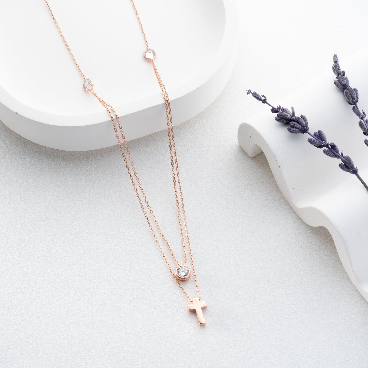 Double Layer Cross Necklace • 925 Sterling Silver & Gold Plated • Zirconia Christian Jewelry • Minimalist Faith Pendant • Gift for Women