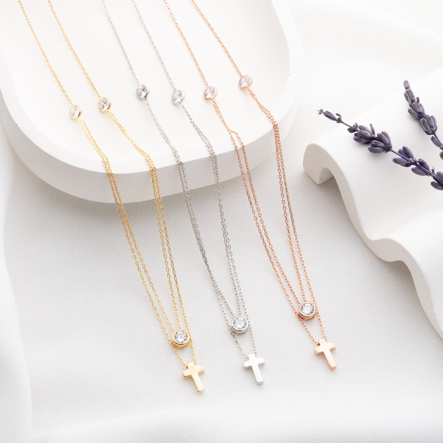 Double Layer Cross Necklace • 925 Sterling Silver & Gold Plated • Zirconia Christian Jewelry • Minimalist Faith Pendant • Gift for Women