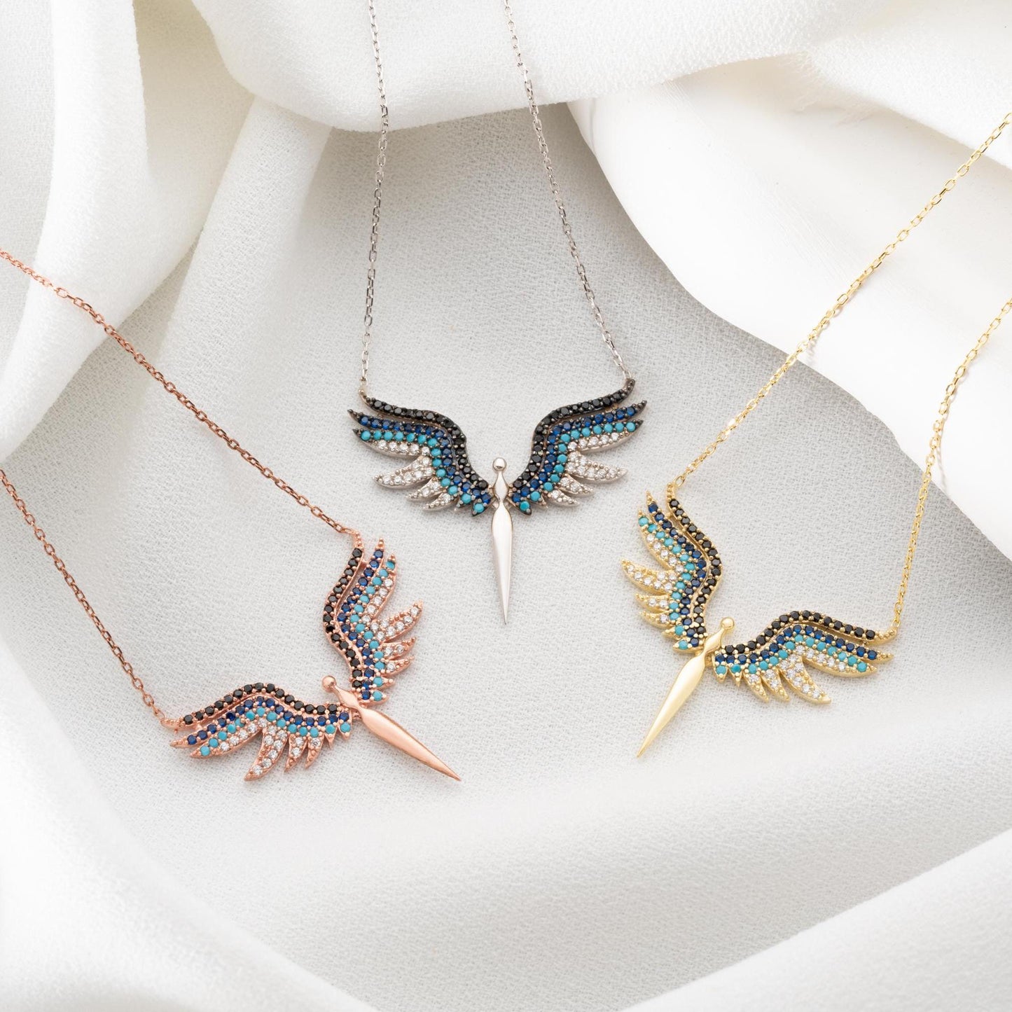 Archangel Michael Necklace with Zircon Stones • 925 Sterling Silver & Gold Plated Handmade Protective Charm Pendant • Spiritual Gift for Her