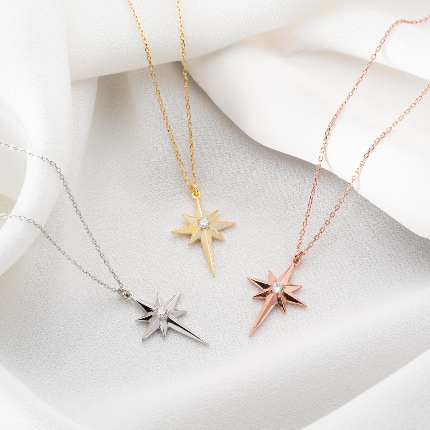 Silver North Star Necklace with Zircon Stone Embellishments