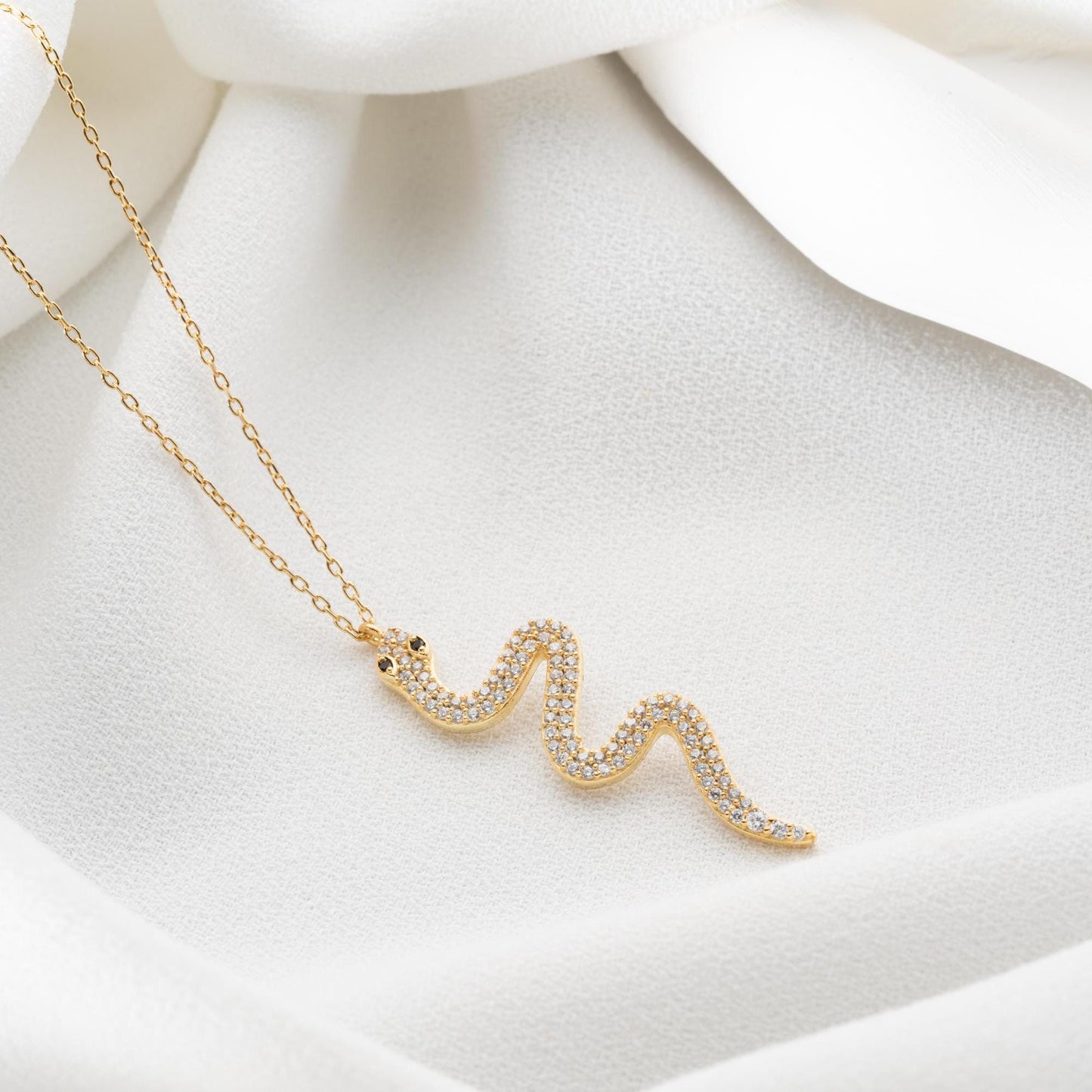 Snake Pendant Necklace - Handmade 925 Sterling Silver Gold Plated - CZ Serpent Jewelry - Dainty Layered Necklace Gift for Her