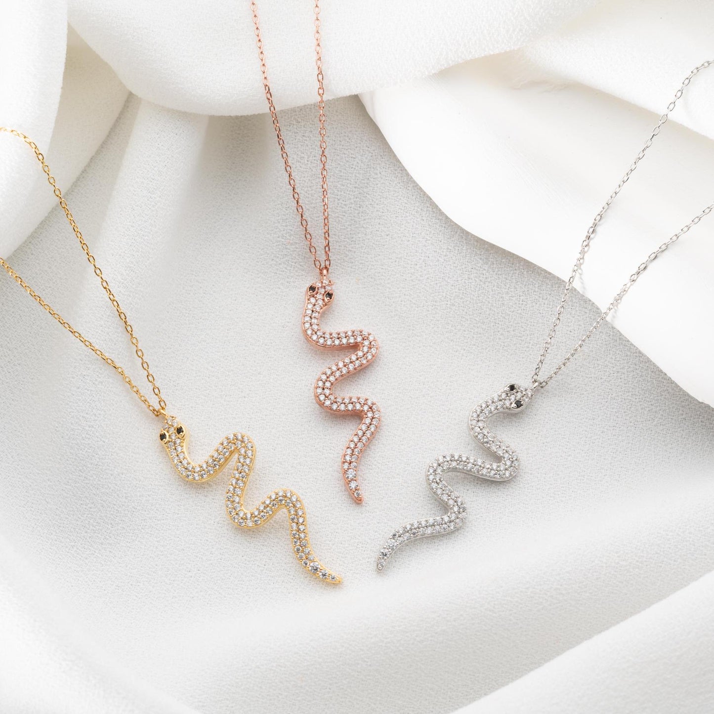 Snake Pendant Necklace - Handmade 925 Sterling Silver Gold Plated - CZ Serpent Jewelry - Dainty Layered Necklace Gift for Her