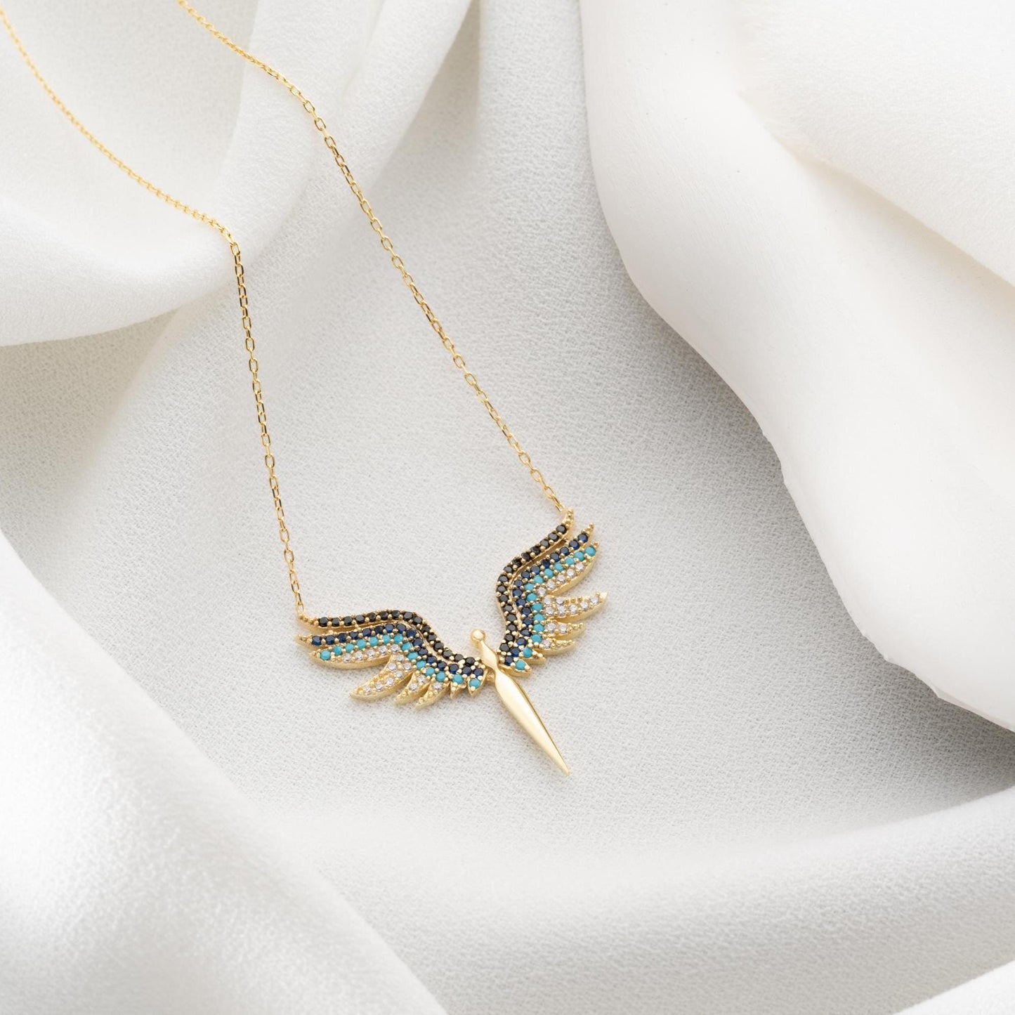 Archangel Michael Necklace with Zircon Stones • 925 Sterling Silver & Gold Plated Handmade Protective Charm Pendant • Spiritual Gift for Her