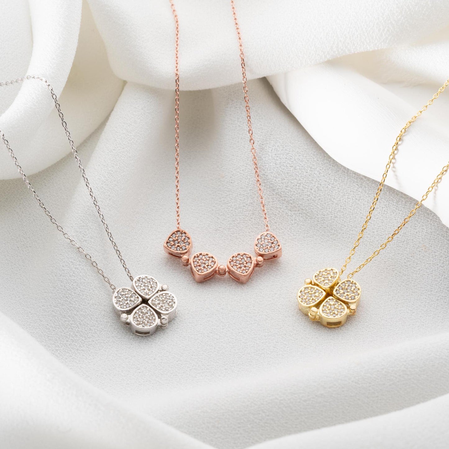 Convertible Heart Clover Necklace • 925 Sterling Silver & Gold Plated • Magnetic Transforming Pendant • Adjustable Chain Jewelry