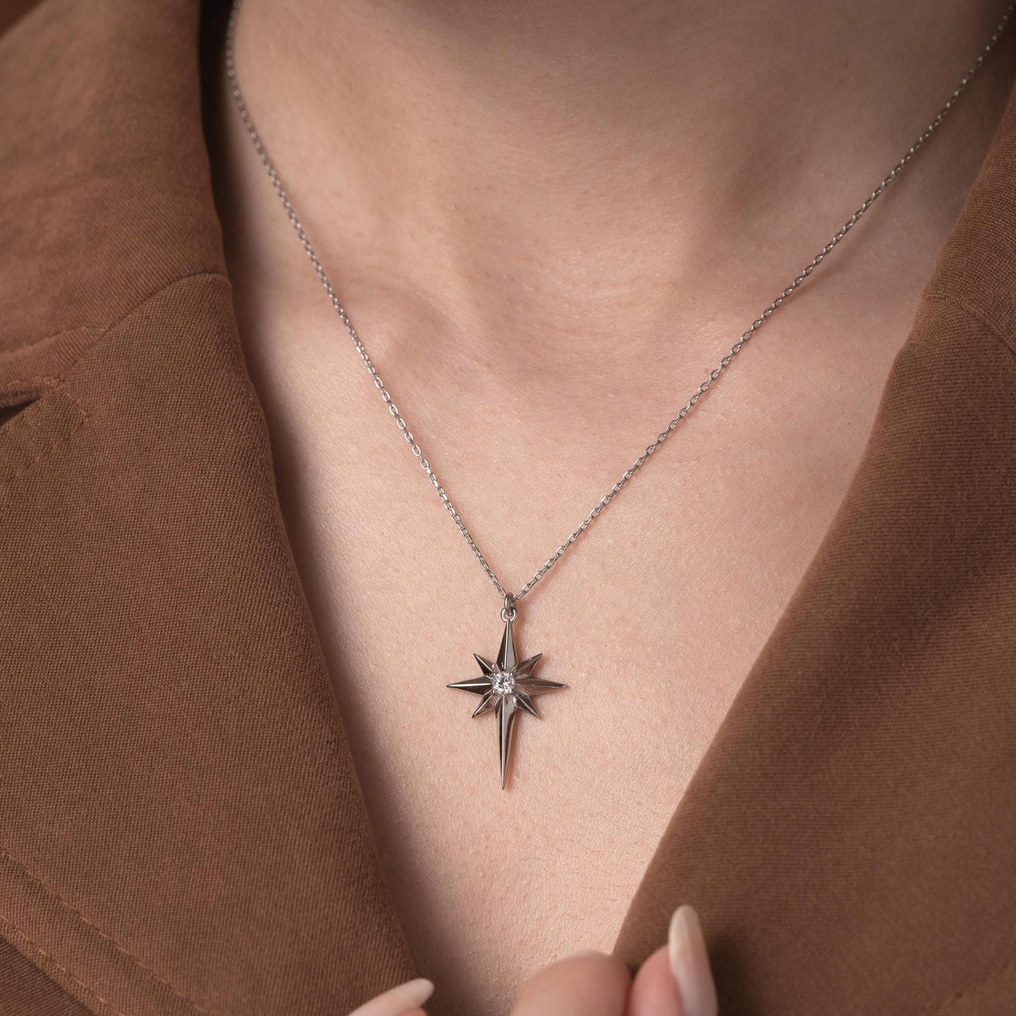 Silver North Star Necklace with Zircon Stone Embellishments