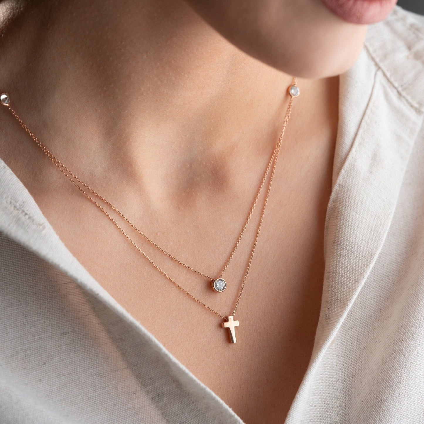 Double Layer Cross Necklace • 925 Sterling Silver & Gold Plated • Zirconia Christian Jewelry • Minimalist Faith Pendant • Gift for Women