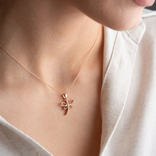 Dragonfly Necklace • 925 Sterling Silver • Gold Plated • Zirconia Insect Pendant • Nature Inspired Jewelry • Gift for Women & Girls
