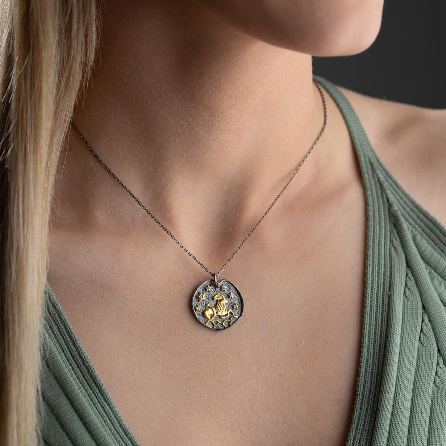 Capricorn Zodiac Necklace • 925 Sterling Silver & Gold Plated • Coin Medallion Pendant • Astrology Celestial Jewelry • Gift for Her