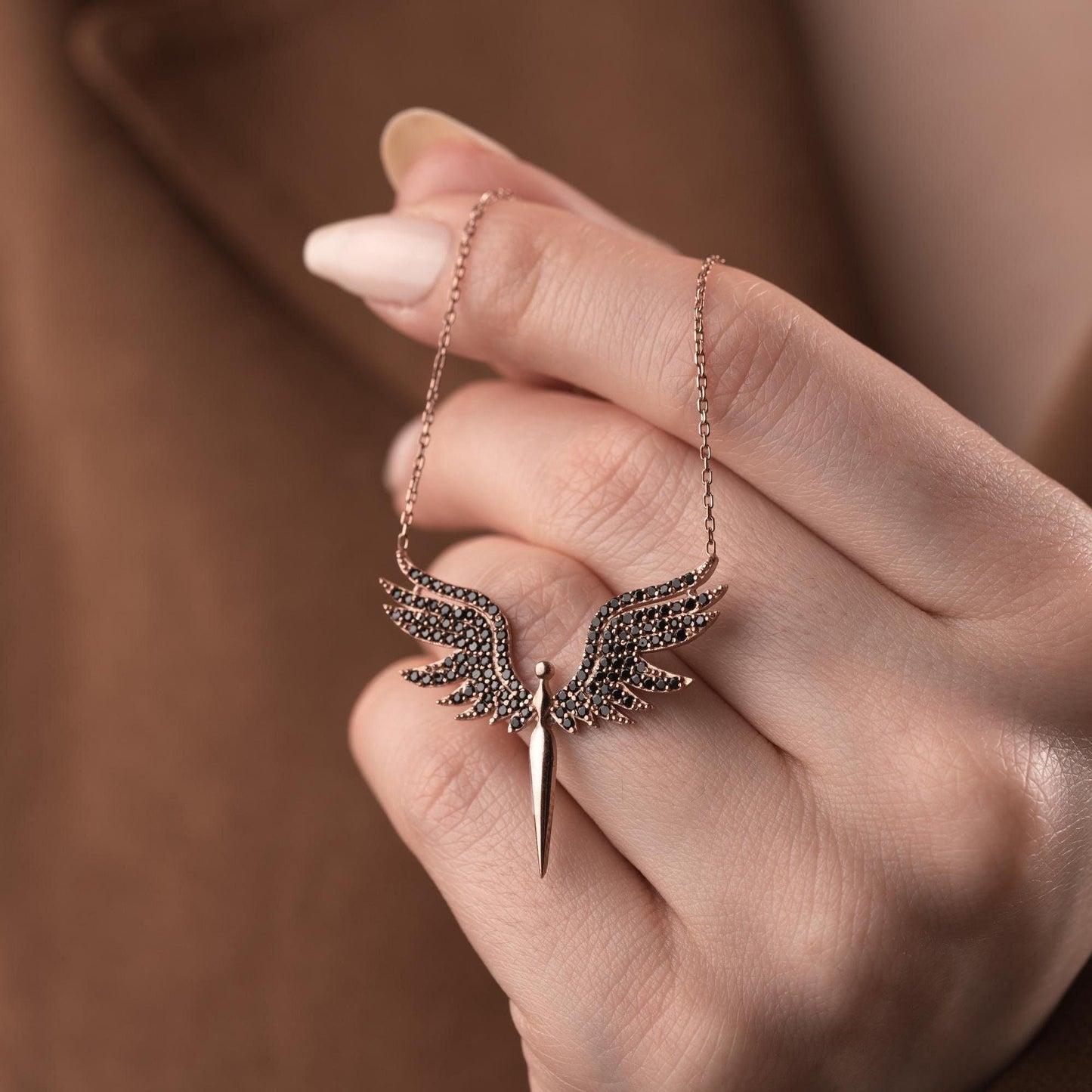 Sterling Silver Necklace with Black Zircon Studded Angel Wings Pendant - Elegant and Unique Jewelry Piece for Special Occasions
