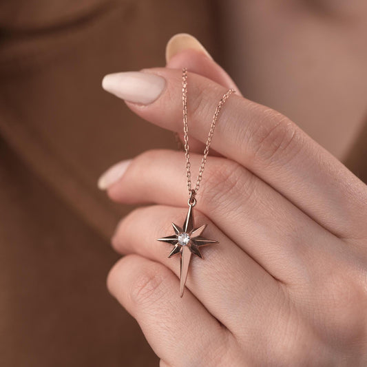 Silver North Star Necklace with Zircon Stone Embellishments